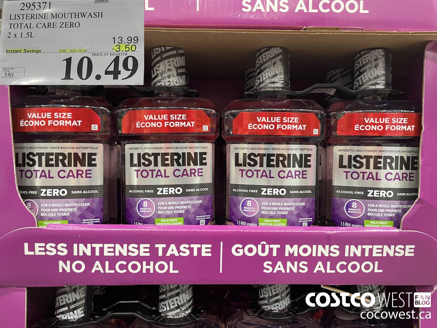 295371 LISTERINE MOUTHWASH TOTAL CARE ZERO 2 X 1.5 L ($3.50 INSTANT SAVINGS EXPIRES ON 2021-10-24) $10.49