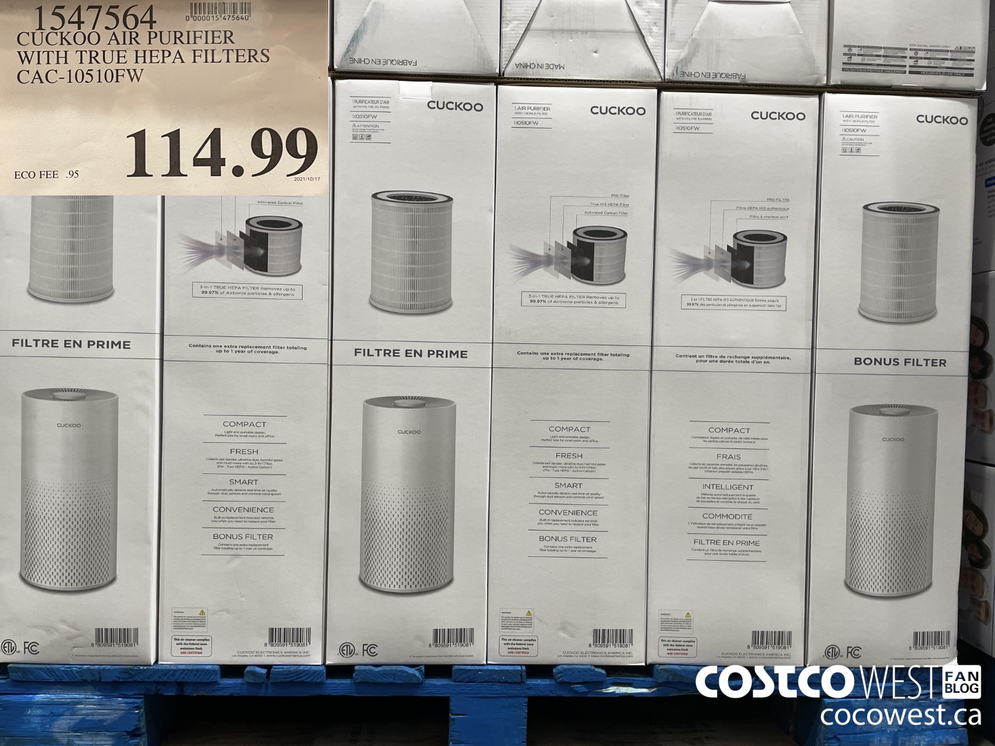 1547564 CUCKOO AIR PURIFIER WITH TRUE HEPA FILTERS CAC-10510FW $114.99