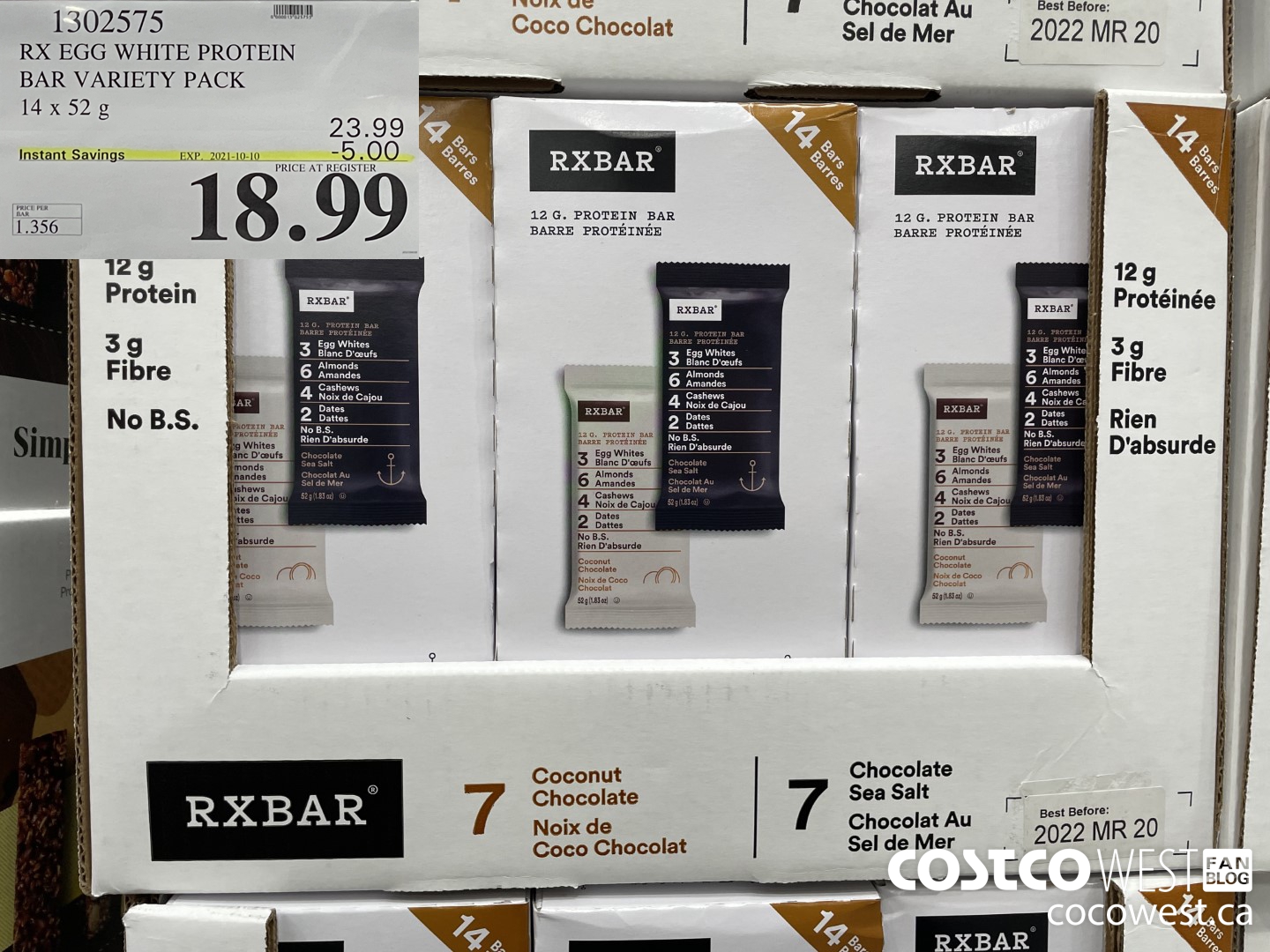 1302575 RX EGG WHITE PROTEIN BAR VARIETY PACK 14 x 52 g ($5.00 INSTANT SAVINGS EXPIRES ON 2021-10-10) $18.99