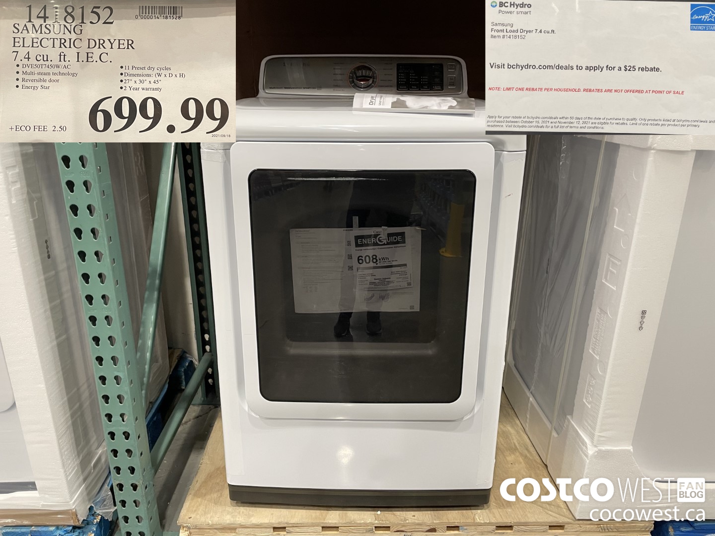 1418152 SAMSUNG ELECTRIC DRYER 7.4 cu. ft. I.E.C. $699.99