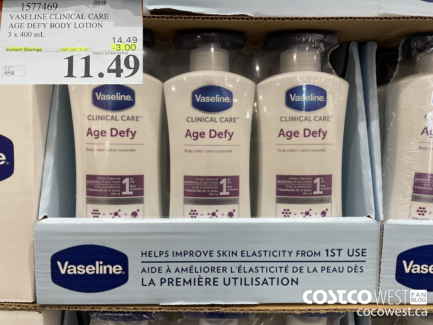 1577469 VASELINE CLINICAL CARE AGE DEFY BODY LOTION 3 x 400 mL ($3.00 INSTANT SAVINGS EXPIRES ON 2021-11-07) $11.49