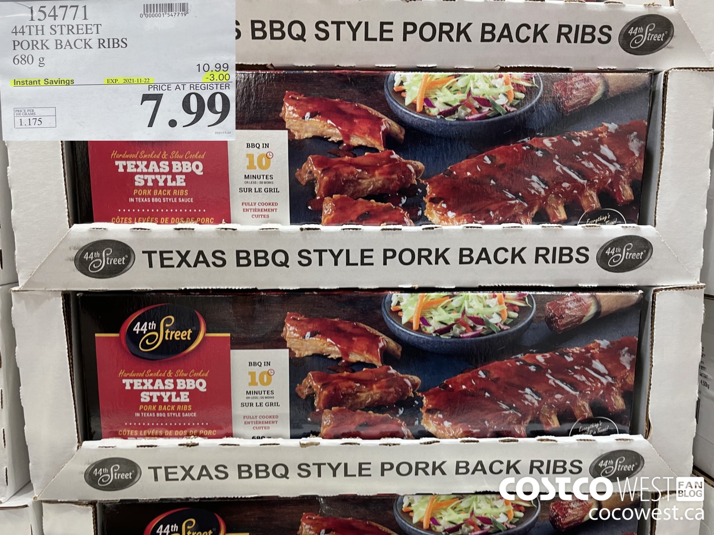 154771 44TH STREET PORK BACK RIBS 680 g ($3.00 INSTANT SAVINGS EXPIRES ON 2021-11-22) $7.99