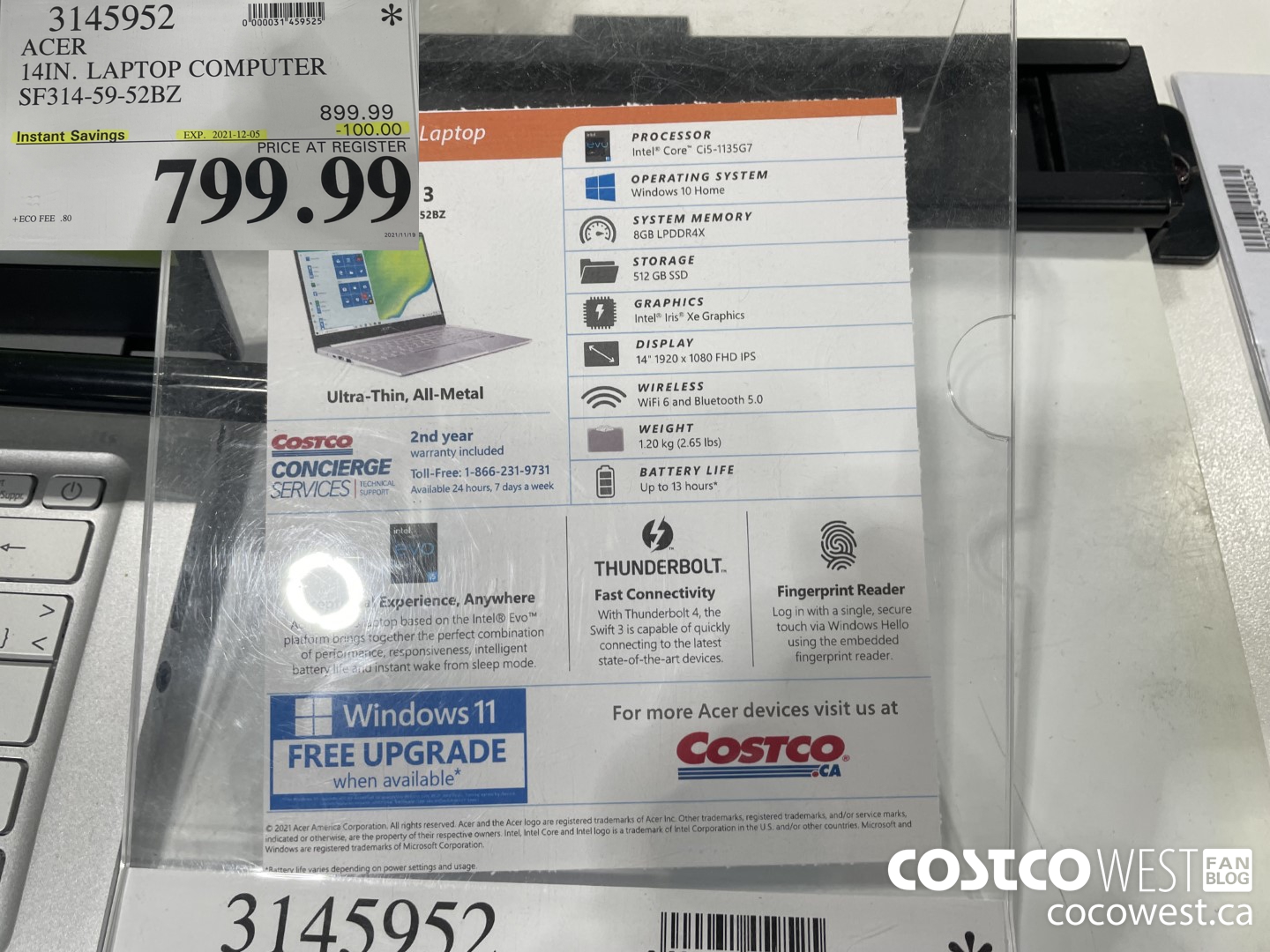 3145952 ACER 14IN. LAPTOP COMPUTER SF314-59-52BZ ($100.00 INSTANT SAVINGS EXPIRES ON 2021-12-05) $799.99