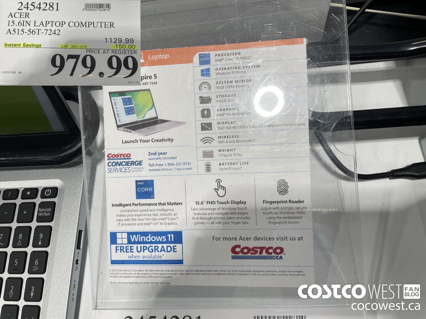 2454281 ACER 15.6IN LAPTOP COMPUTER A515-56T-7242 ($150.00 INSTANT SAVINGS EXPIRES ON 2021-12-02) $979.99