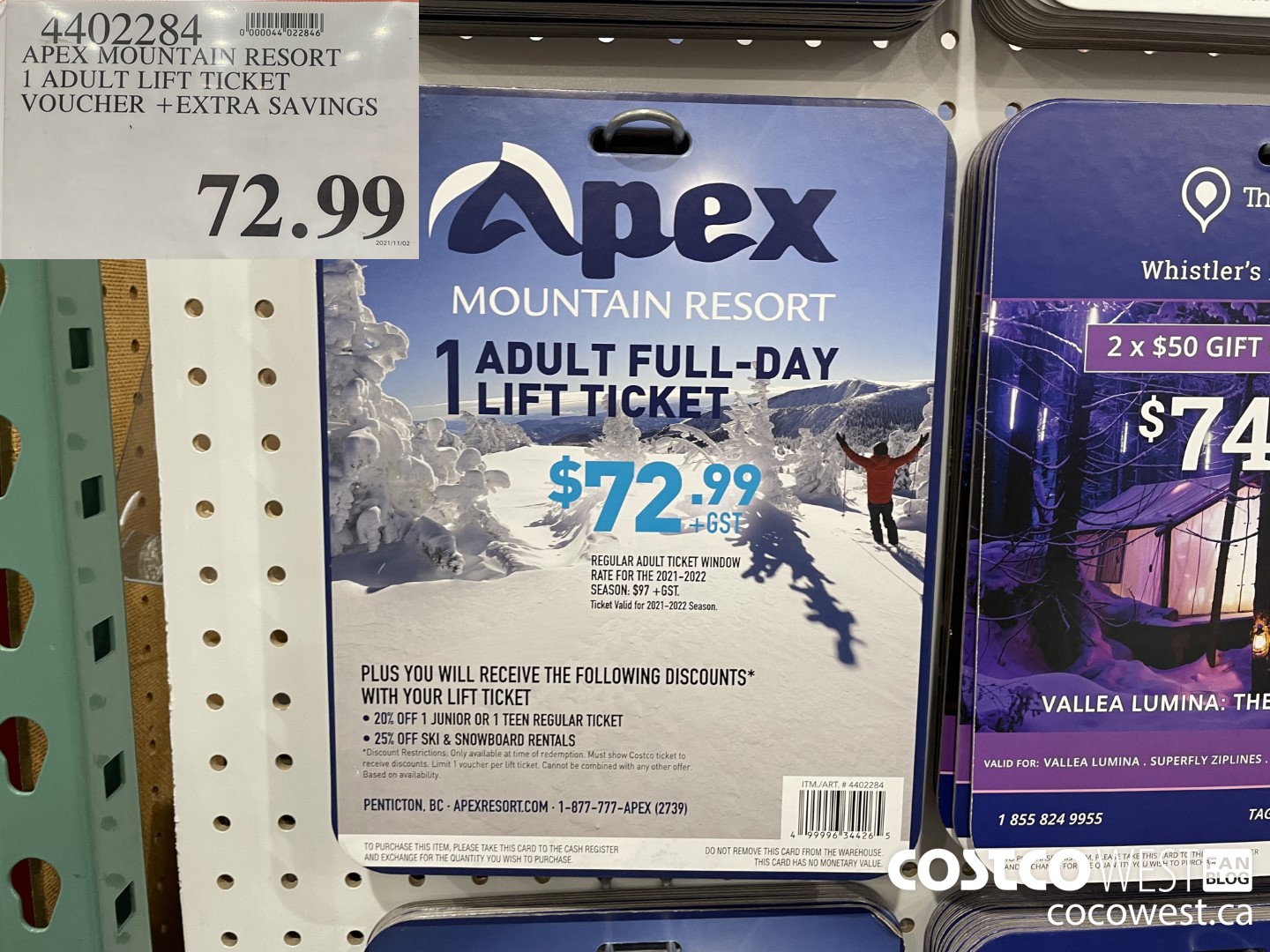 4402284 APEX MOUNTAIN RESORT 1 ADULT LIFT TICKET VOUCHER +EXTRA SAVINGS  $72.99