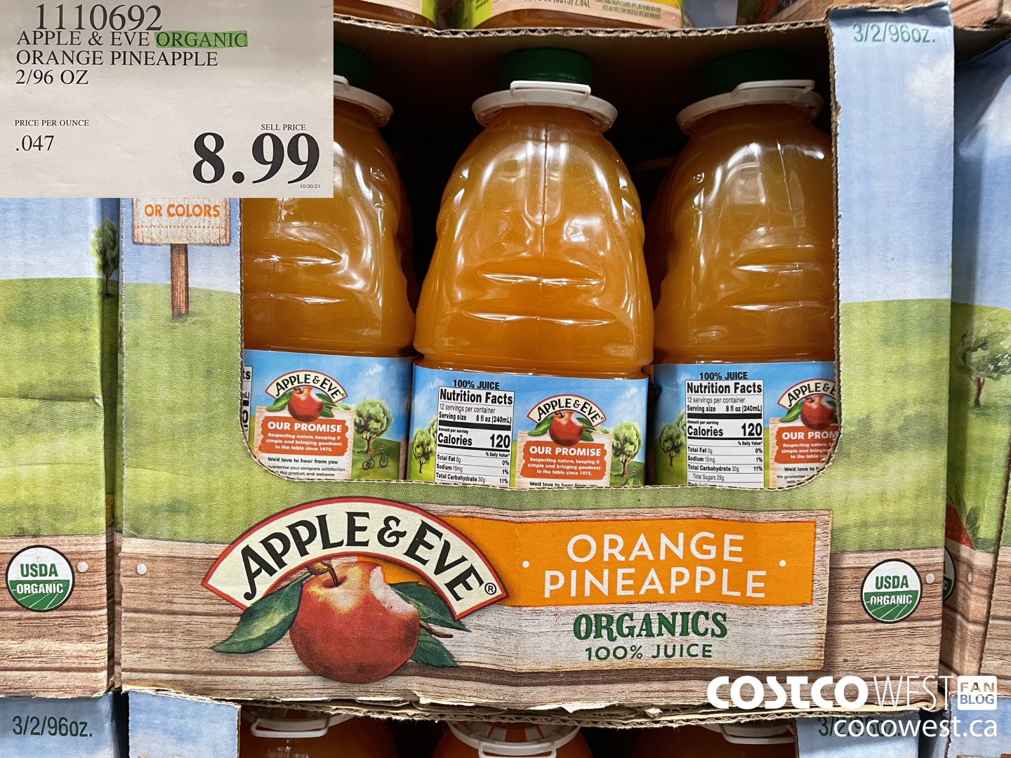 110692 APPLE & EVE ORGANIC ORANGE PINEAPPLE 2/96 OZ PRICE PER OUNCE SELL PRICE  $8.99