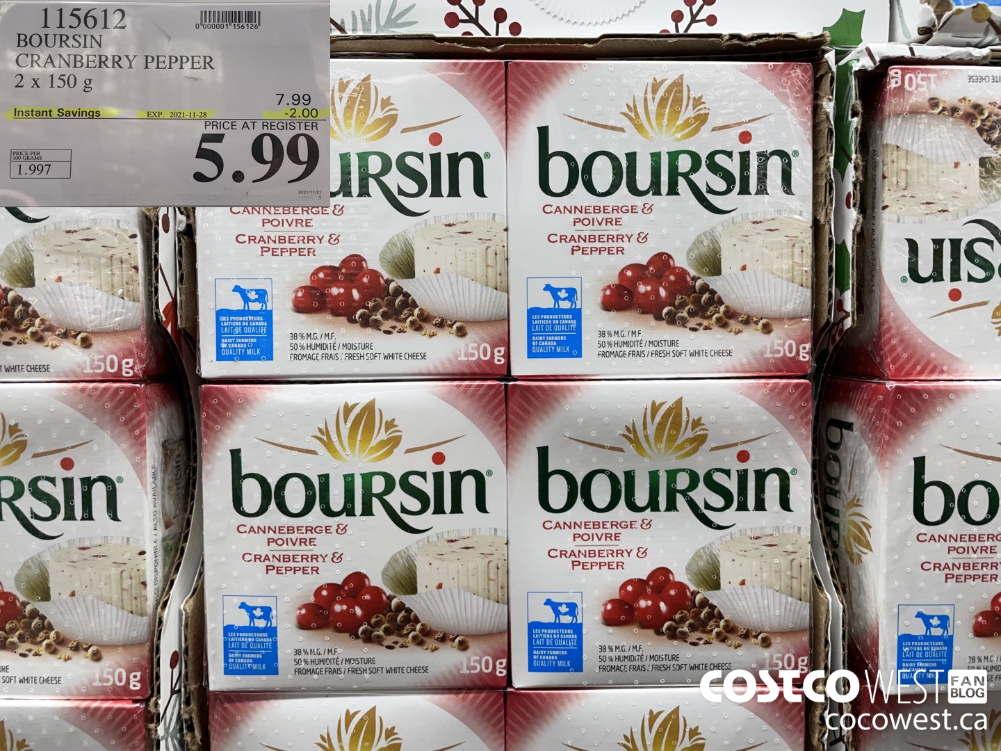 115612 BOURSIN CRANBERRY PEPPER 2 x 150 g ($2.00 INSTANT SAVINGS EXPIRES ON 2021-11-28) $5.99