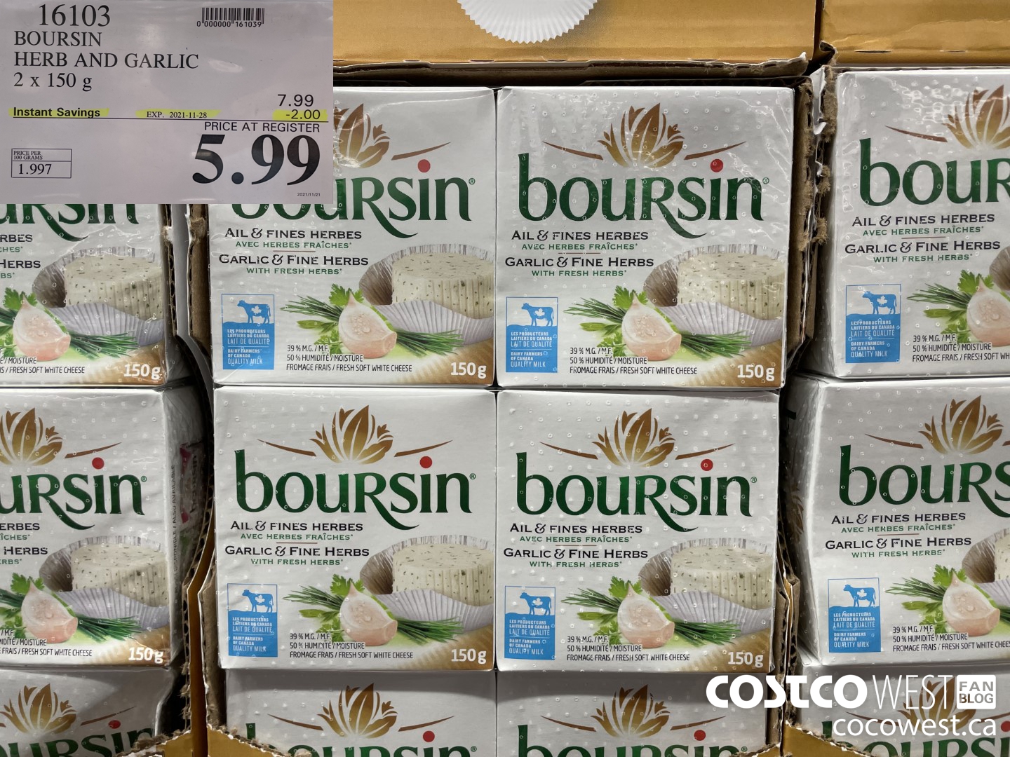 16103 BOURSIN HERB AND GARLIC 2 x 150 g ($2.00 INSTANT SAVINGS EXPIRES ON 2021-11-28) $5.99