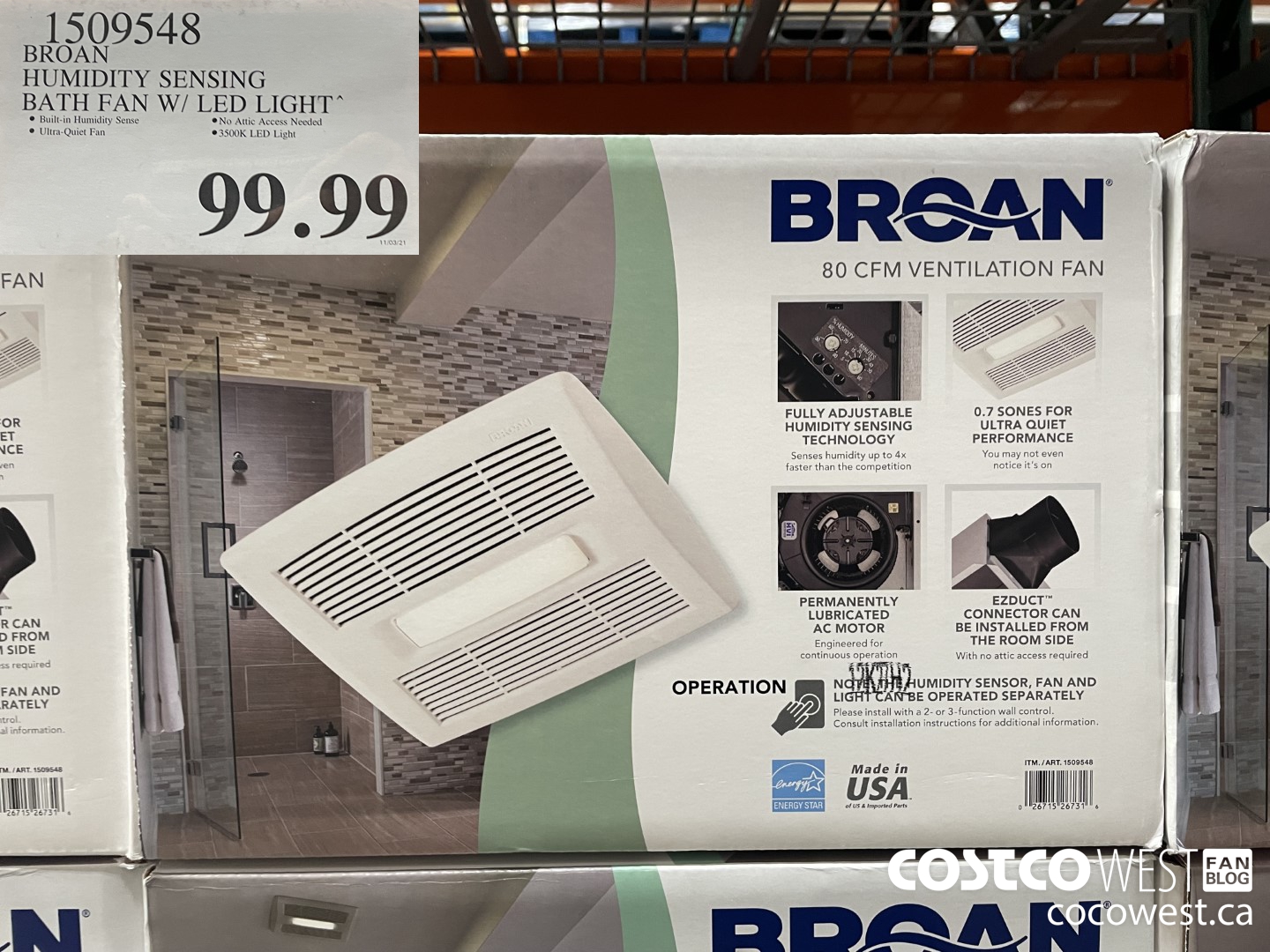 1509548 BROAN HUMIDITY SENSING BATH FAN W/ LED LIGHT  $99.99