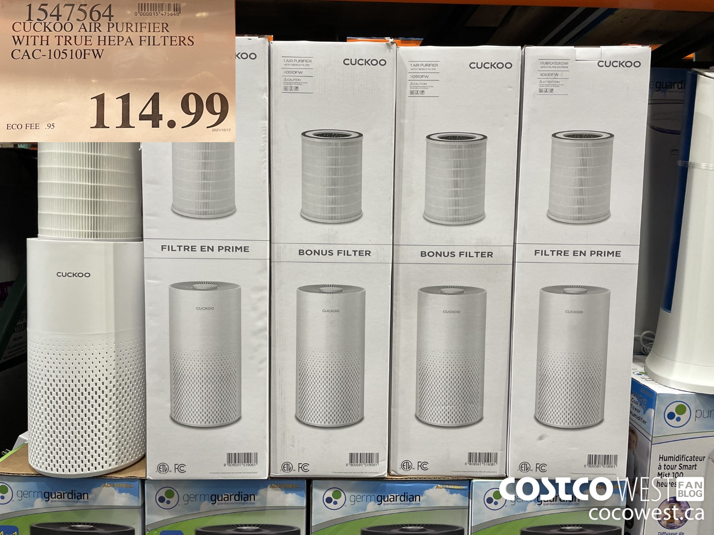 1547564 CUCKOO AIR PURIFIER WITH TRUE HEPA FILTERS CAC-10510FW $114.99