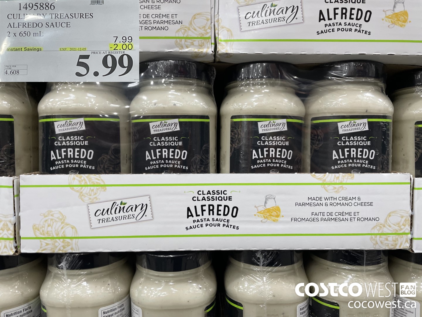 1495886 CULINARY TREASURES ALFREDO SAUCE 2 x 650 mL EXP. 2021-12-05 5.99 $2.00