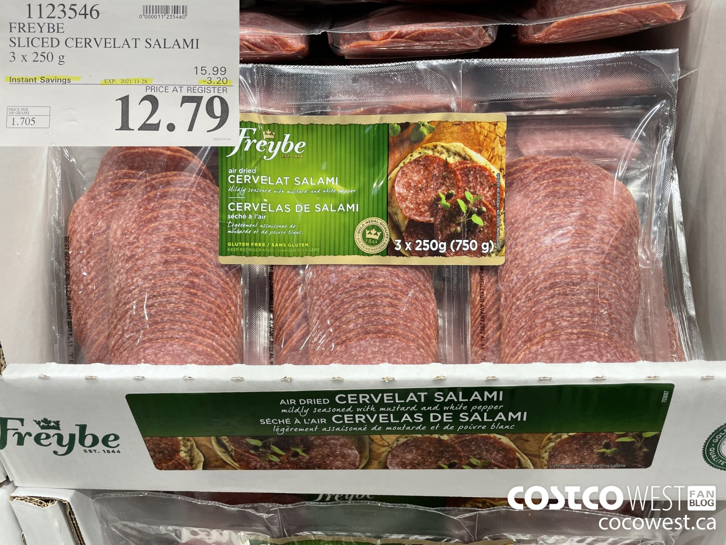 1123546 FREYBE SLICED CERVELAT SALAMI 3 x 250 g ($3.20 INSTANT SAVINGS EXPIRES ON 2021-11-28) $12.79