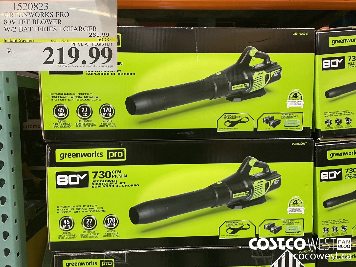 1520823 GREENWORKS PRO 80V JET BLOWER W/2 BATTERIES + CHARGER  ($50.00 INSTANT SAVINGS EXPIRES ON 2021-11-25) $219.99