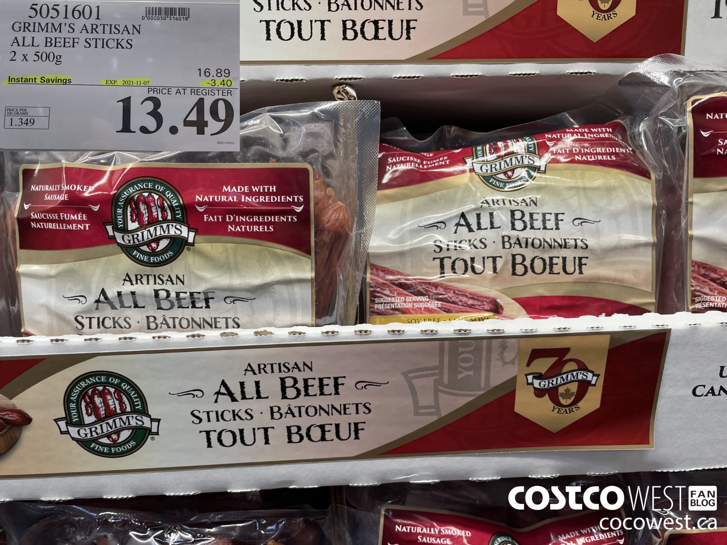 5051601 GRIMM'S ARTISAN ALL BEEF STICKS 2 x 500g EXP. 2021-11-07 5 40 ($3.40 INSTANT SAVINGS) $13.49