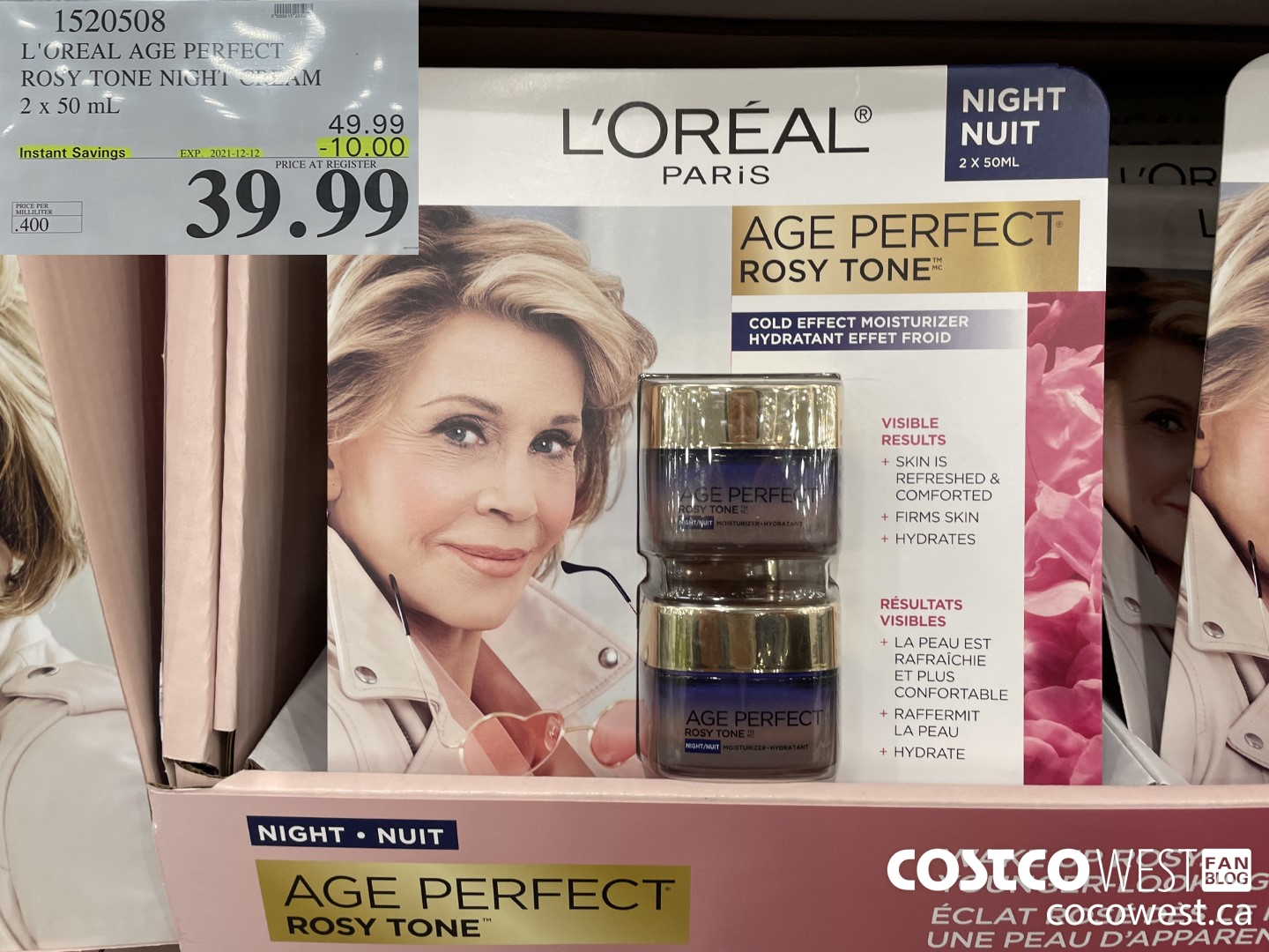 1520508 L'OREAL AGE PERFECT ROSY TONE NIGHT CREAM 2 x 50 mL ($10.00 INSTANT SAVINGS EXPIRES ON 2021-12-12) $39.99