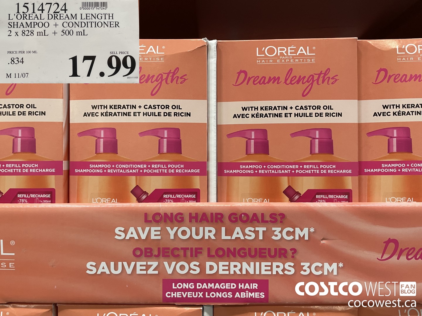 1514724 L'OREAL DREAM LENGTH SHAMPOO + CONDITIONER 2 x 828 mL + 500 mL $17.99