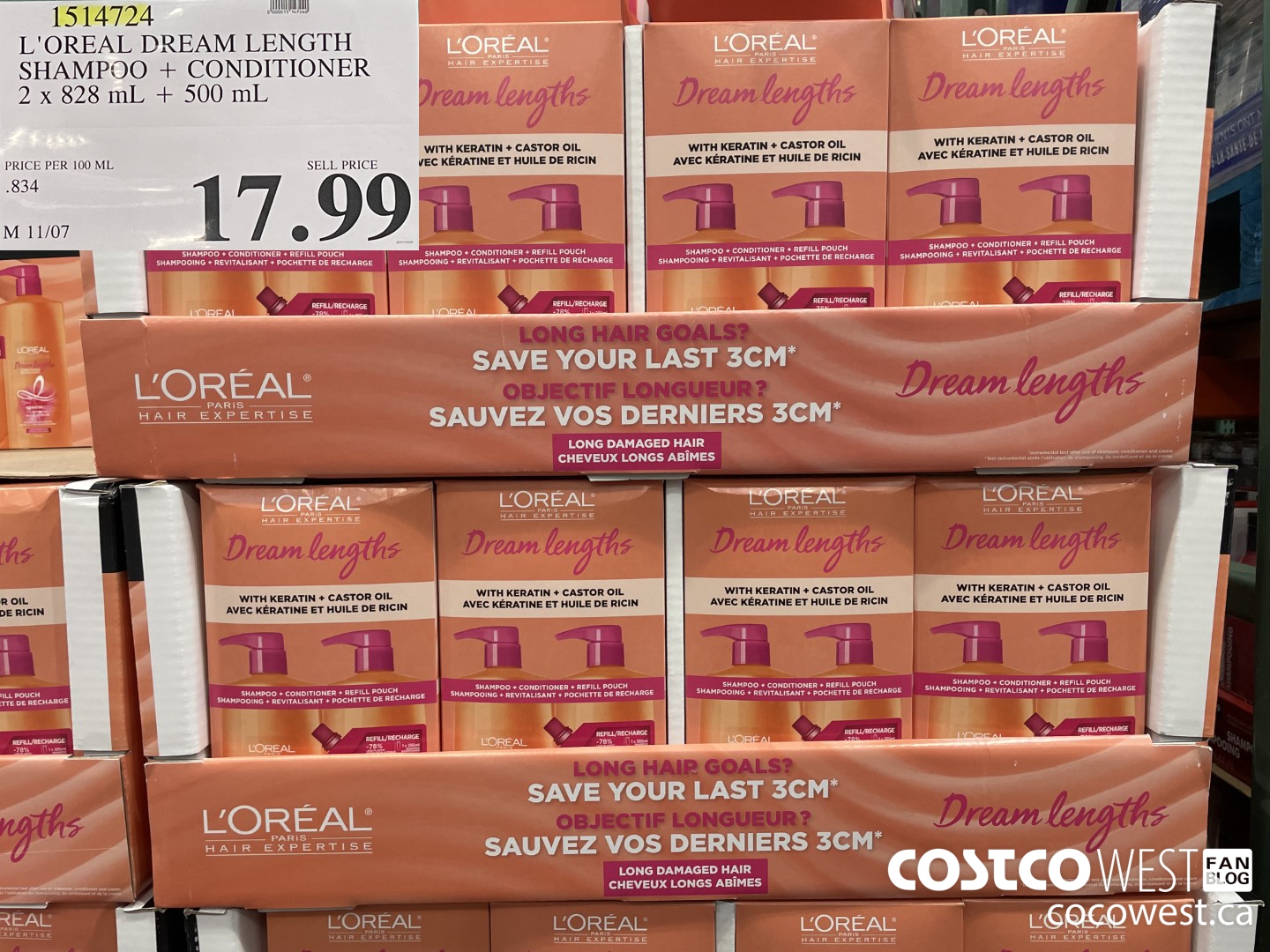 1514724 L'OREAL DREAM LENGTH SHAMPOO + CONDITIONER 2 x 828 mL + 500 mL  $17.99