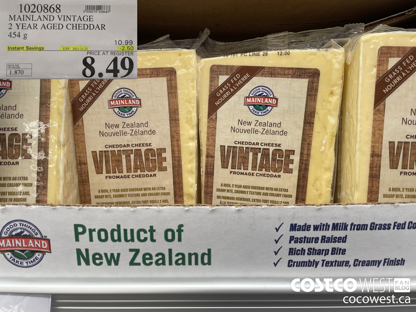 1020868 MAINLAND VINTAGE 2 YEAR AGED CHEDDAR 454 g ($2.50 INSTANT SAVINGS EXPIRES ON 2021-11-21) $8.49