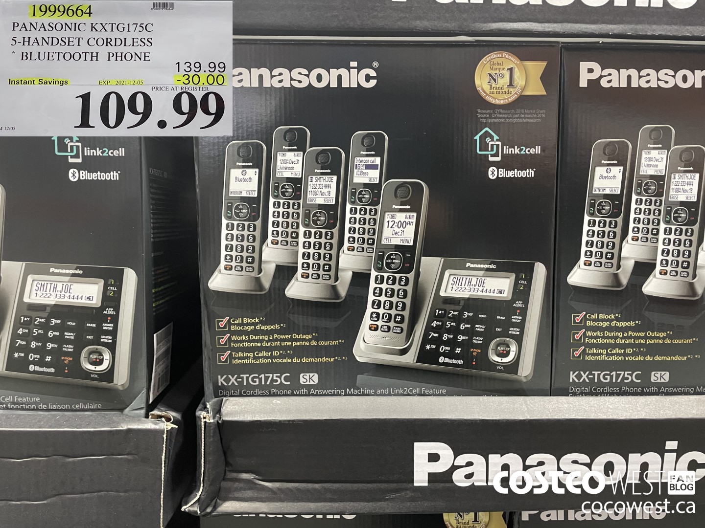 1999664 PANASONIC KXTG175C 5 HANDSET CORDLESS BLUETOOTH PHONE ($30.00 INSTANT SAVINGS EXPIRES ON 2021-12-05) $109.99