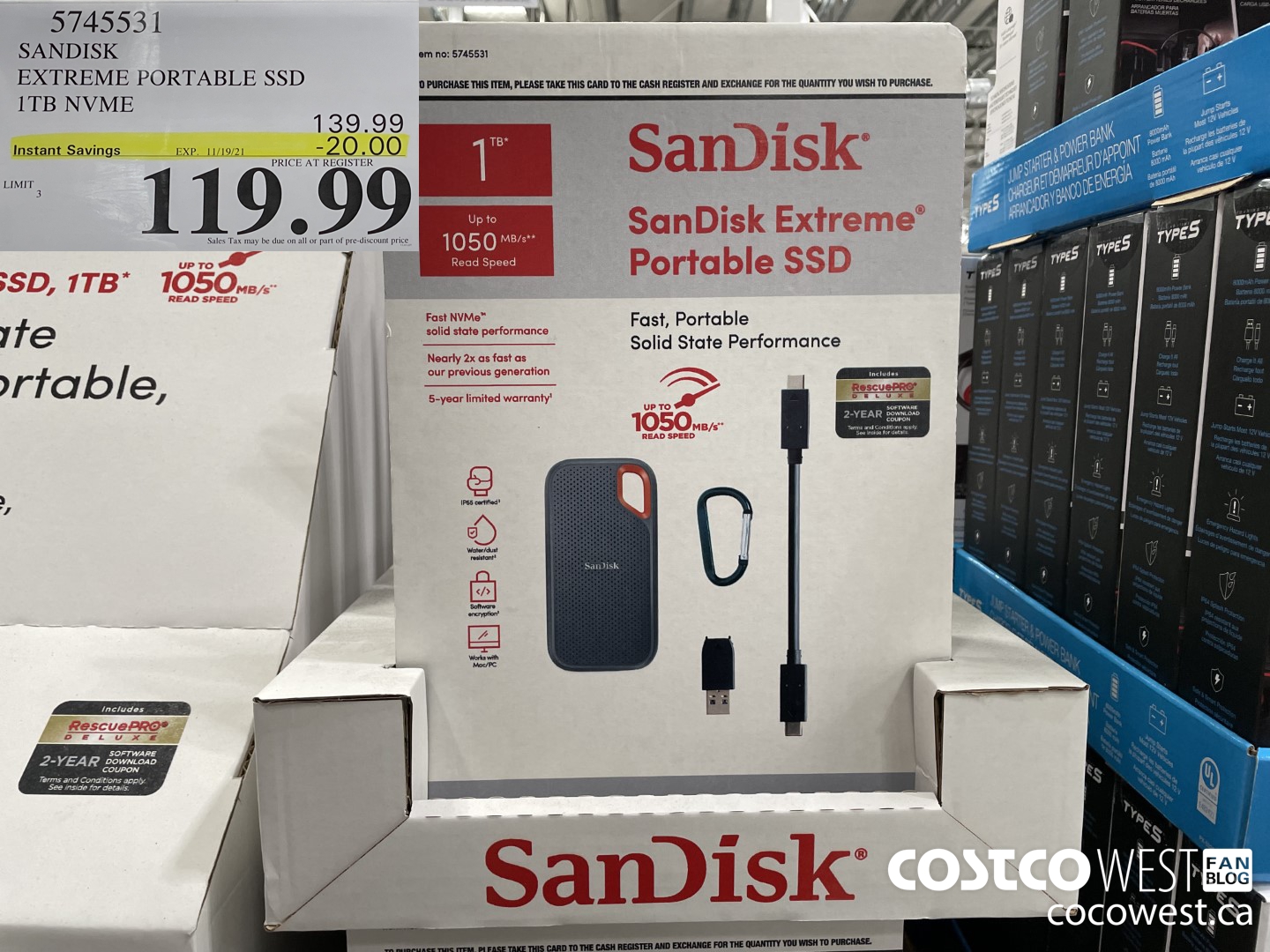 574553 SANDISK EXTREME PORTABLE SSD 1TB NVME  ($20.00 INSTANT SAVINGS EXPIRES ON 2021-11-19) $119.99