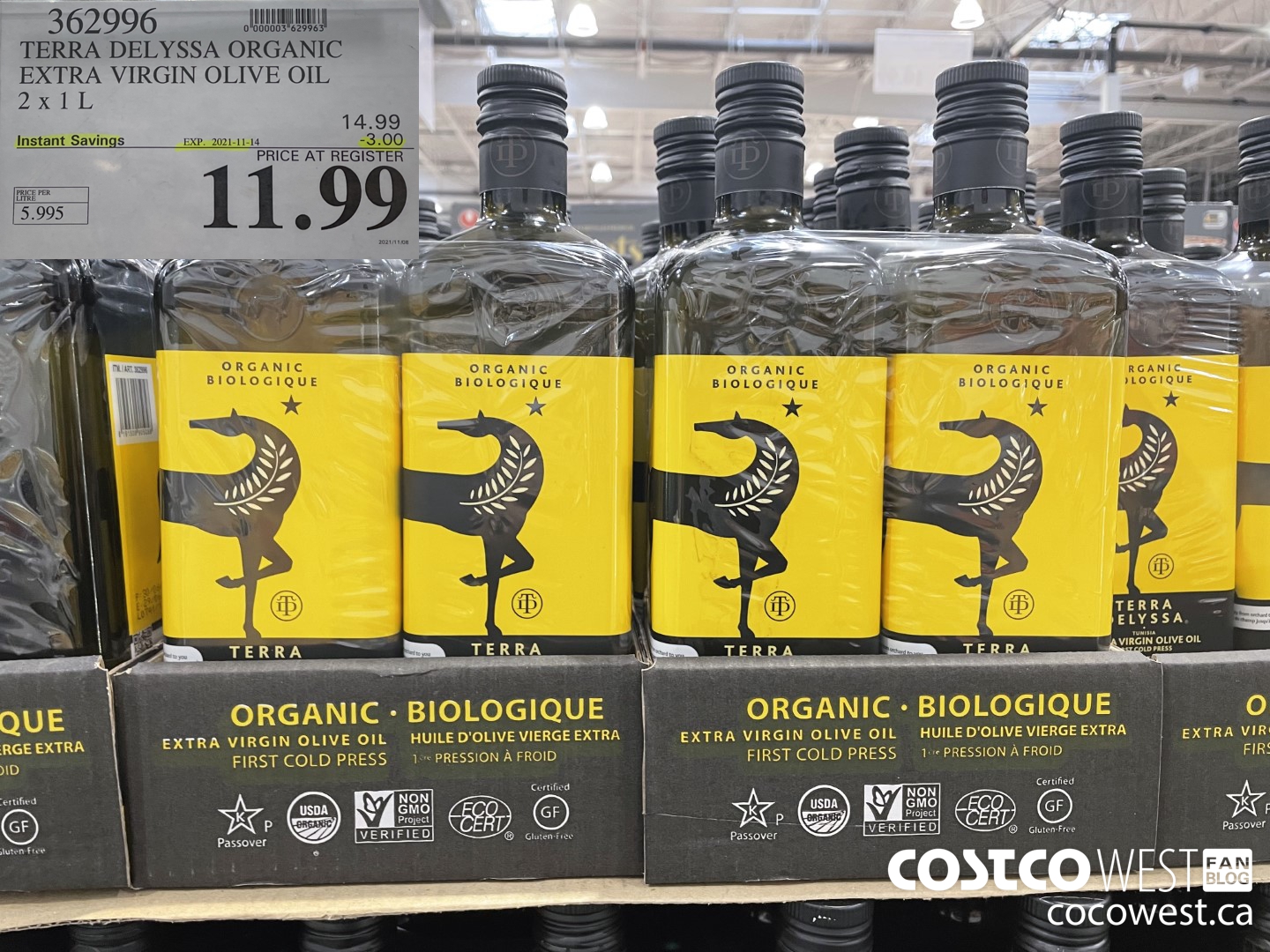 362996 TERRA DELYSSA ORGANIC EXTRA VIRGIN OLIVE OIL 2 x 1 L ($3.00 INSTANT SAVINGS EXPIRES ON 2021-11-14) $11.99