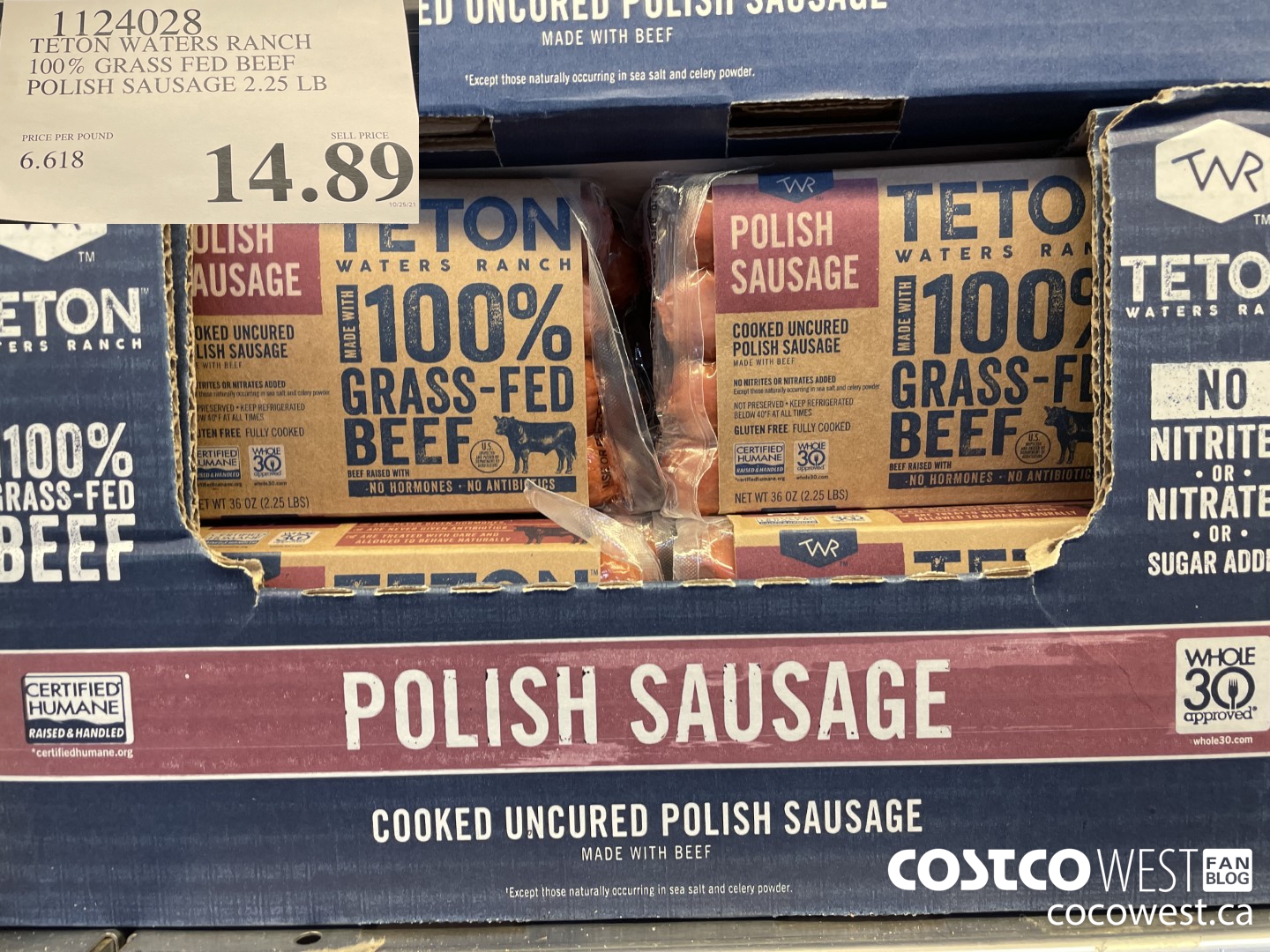 1124028 TETON WATERS RANCH 100% GRASS FED BEEF POLISH SAUSAGE 2.25 LB  $14.89