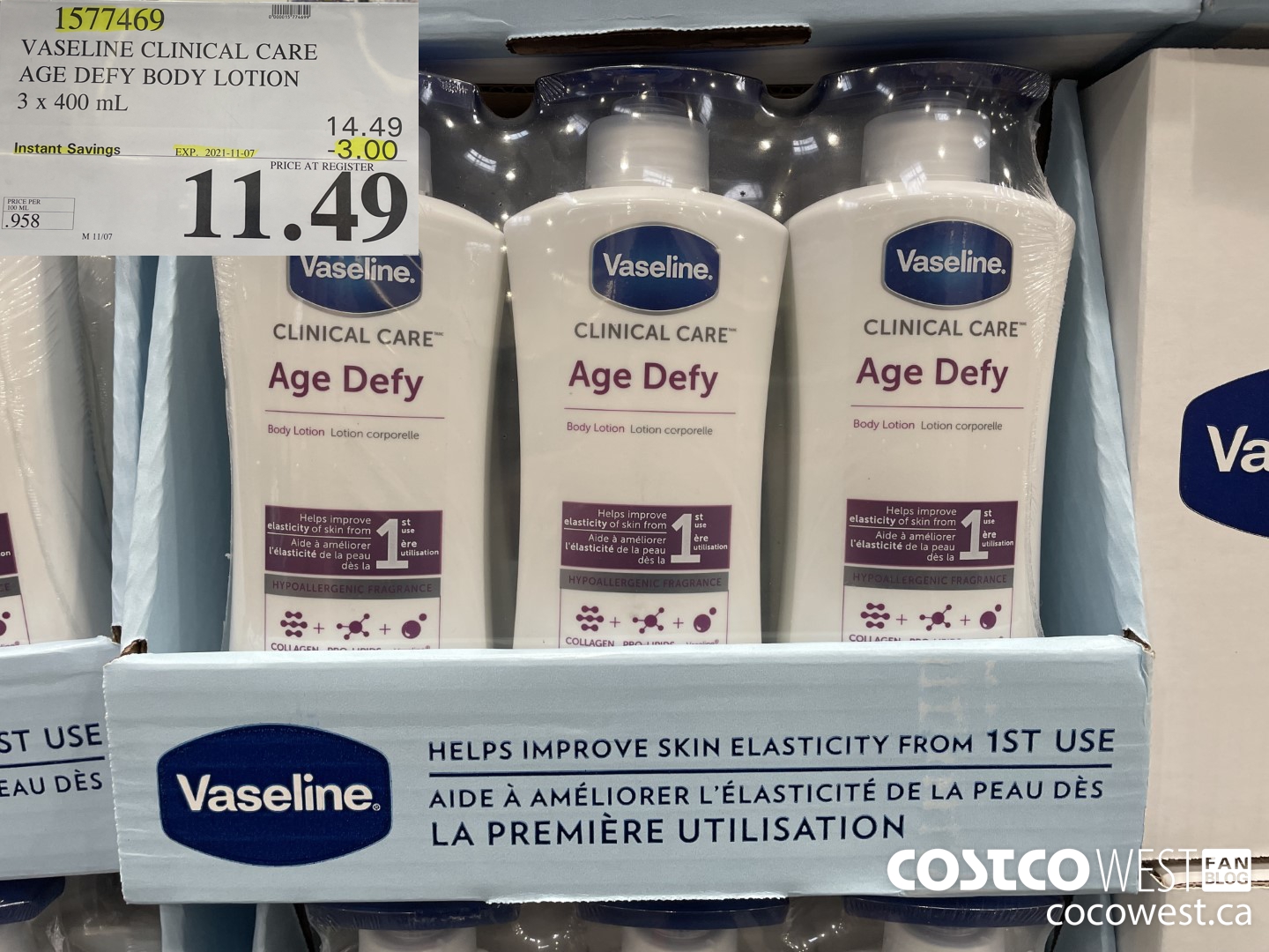 1577469 VASELINE CLINICAL CARE AGE DEFY BODY LOTION 3 x 400 mL ($3.00 INSTANT SAVINGS EXPIRES ON 2021-11-07) $11.49