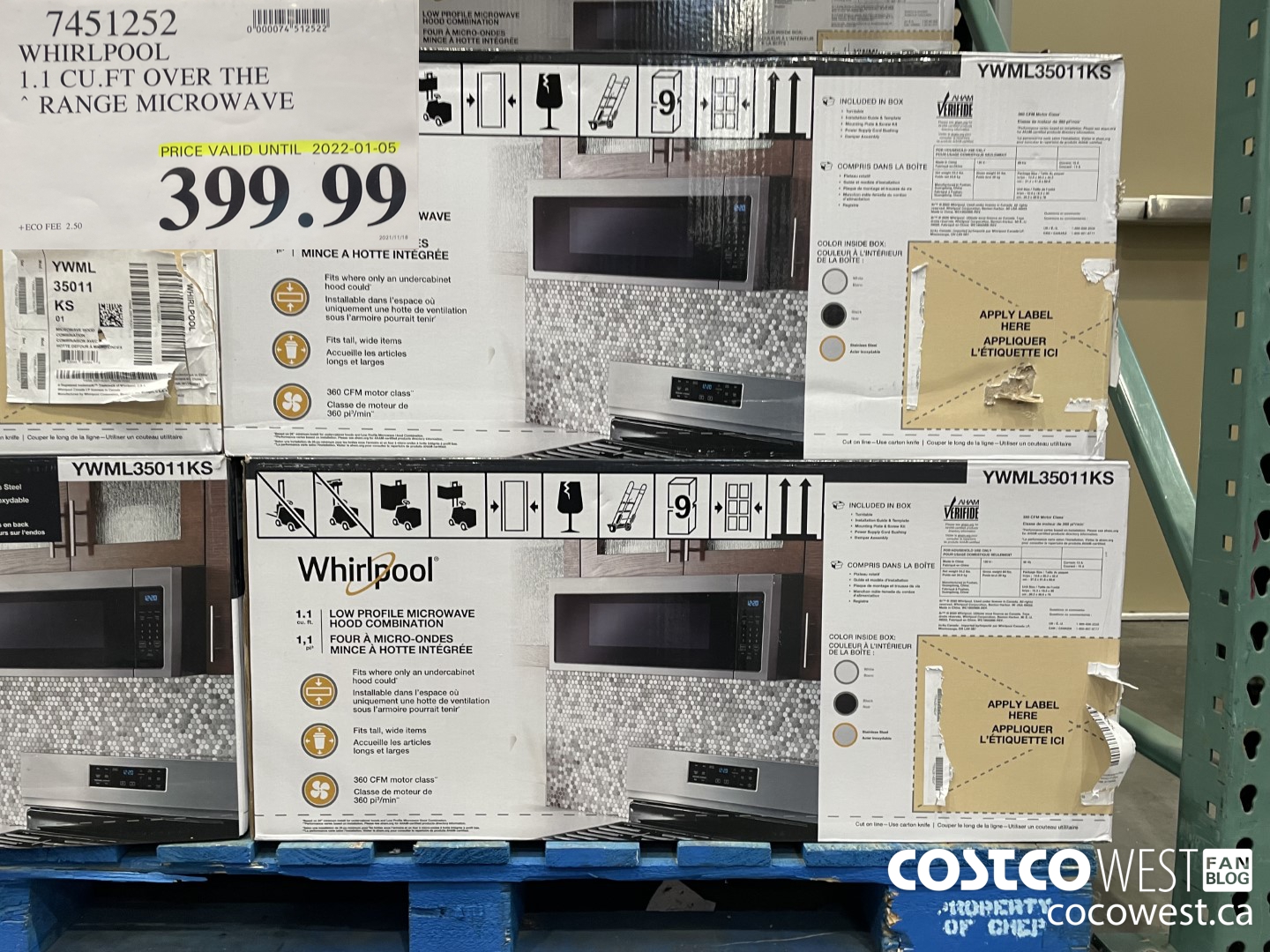 7451252 WHIRLPOOL 1.1 CU.FT OVER THE RANGE MICROWAVE (EXPIRES ON 2022-01-05) $399.99