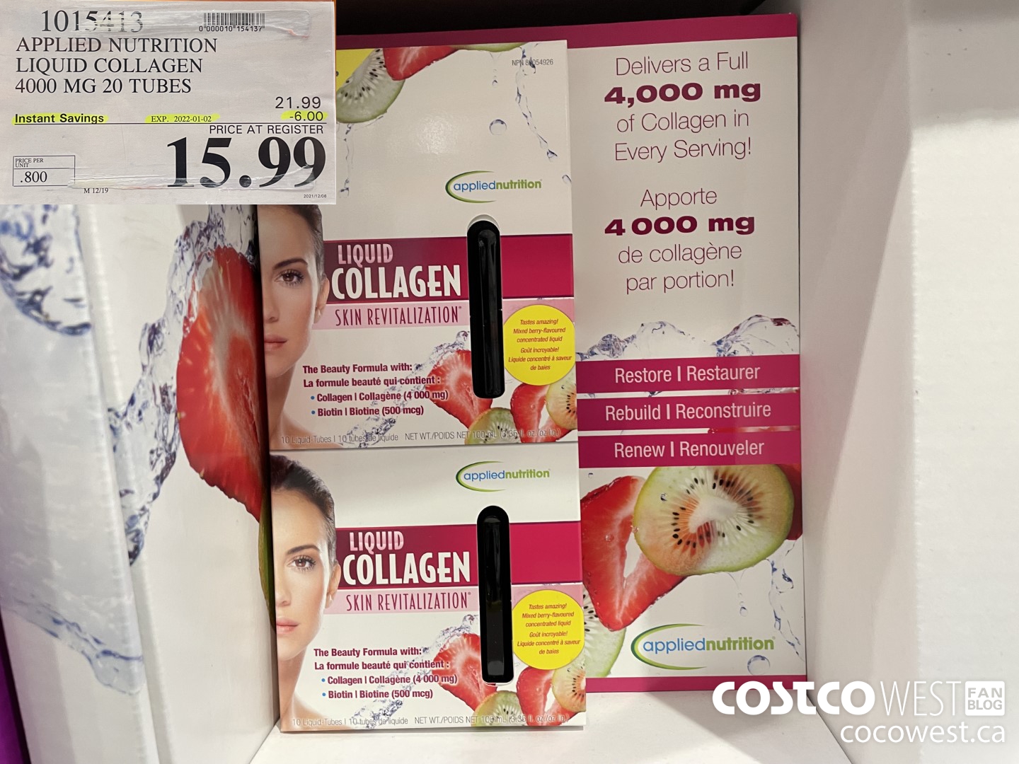 1015413 APPLIED NUTRITION LIQUID COLLAGEN 4000 MG 20 TUBES ($6.00 INSTANT SAVINGS EXPIRES ON 2022-01-02) $15.99