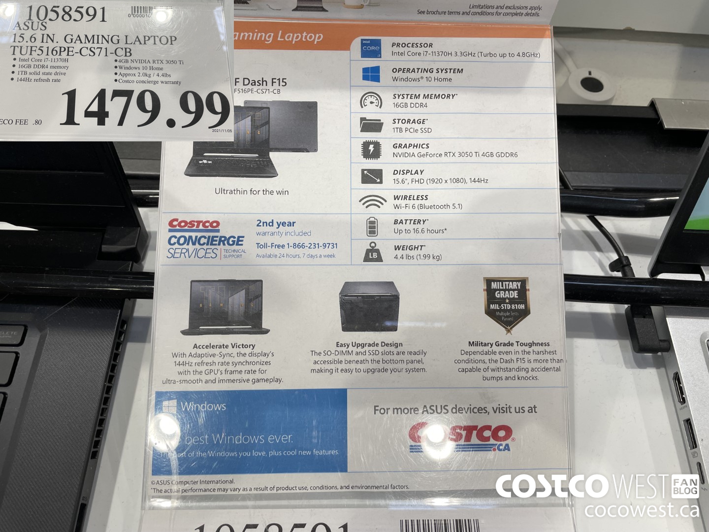 1058591 ASUS 15.6 IN. GAMING LAPTOP TUF516PE-CS71-CB $1479.99