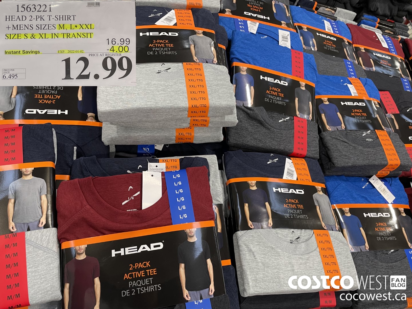 1563221 HEAD 2-PK T-SHIRT MENS SIZES M, L+ XXL SIZE S & XL IN TRANSIT  ($4.00 INSTANT SAVINGS EXPIRES ON 2022-01-02) $12.99