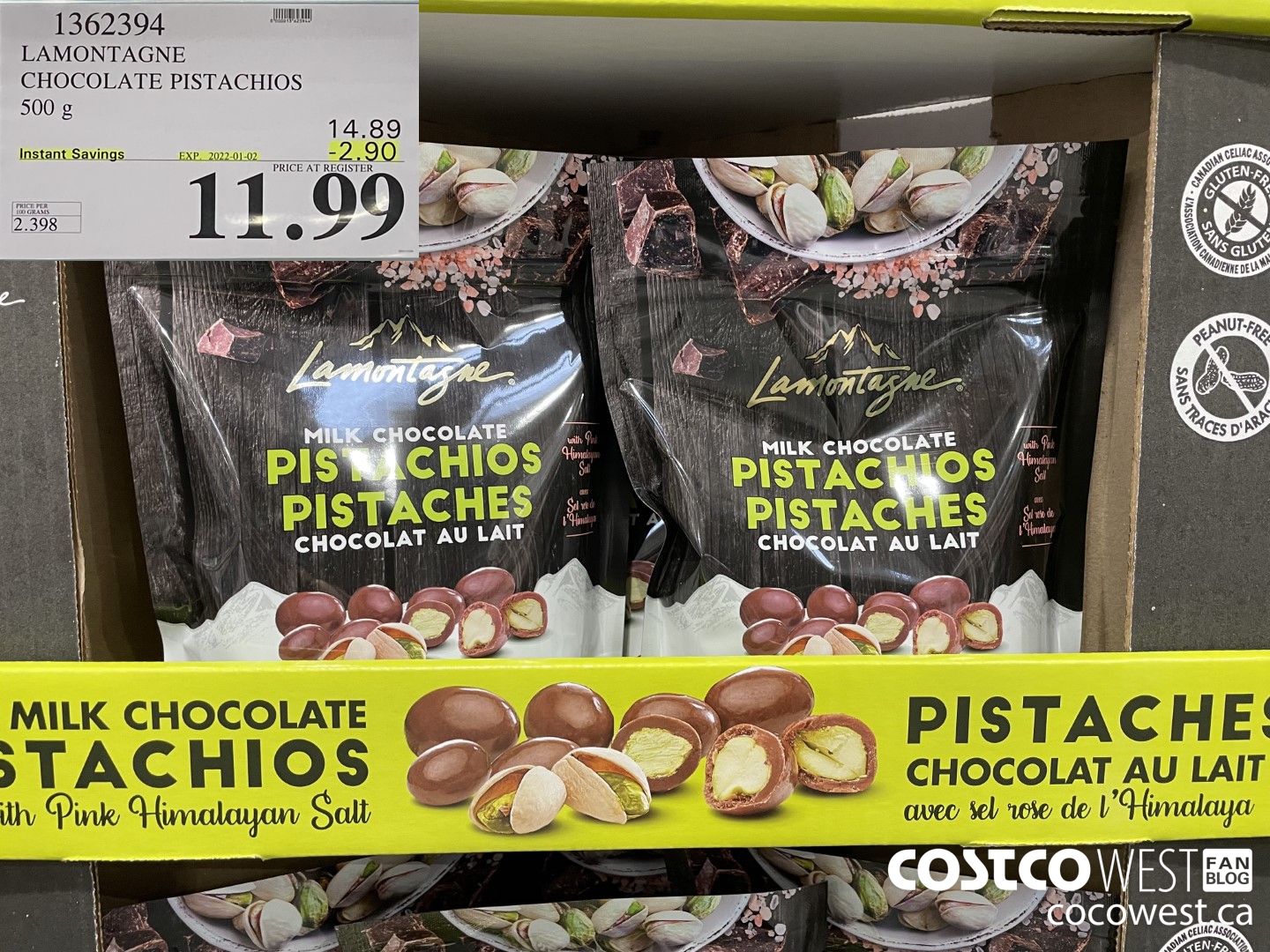 1362394 LAMONTAGNE CHOCOLATE PISTACHIOS 500 g ($2.90 INSTANT SAVINGS EXPIRES ON 2022-01-02) $11.99