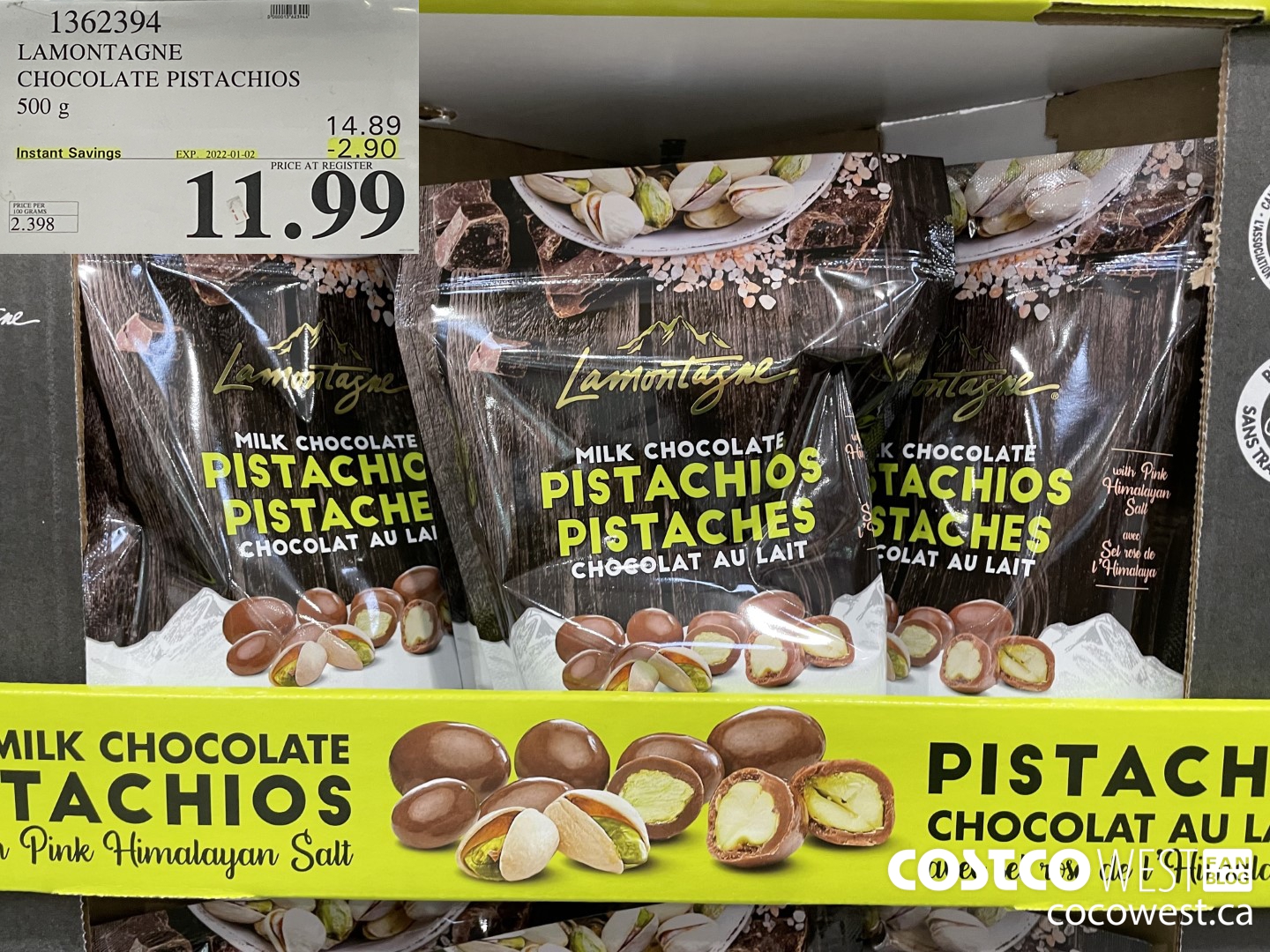 1362394 LAMONTAGNE CHOCOLATE PISTACHIOS 500 g ($2.90 INSTANT SAVINGS EXPIRES ON 2022-01-02) $11.99