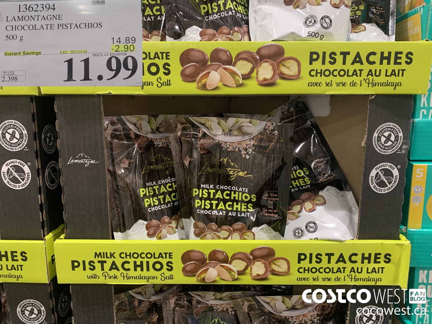 1362394 LAMONTAGNE CHOCOLATE PISTACHIOS 500 g ($2.90 INSTANT SAVINGS EXPIRES ON 2022-01-02) $11.99