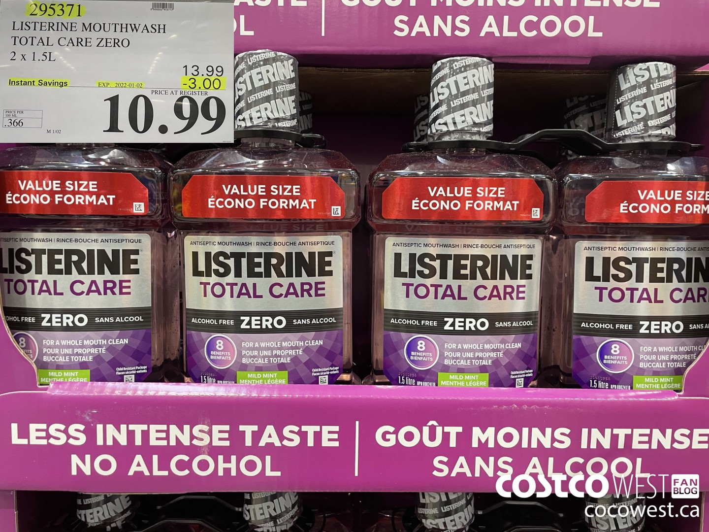 295371 LISTERINE MOUTHWASH TOTAL CARE ZERO 2 X 1.5L ($3.00 INSTANT SAVINGS EXPIRES ON 2022-01-02) $10.99