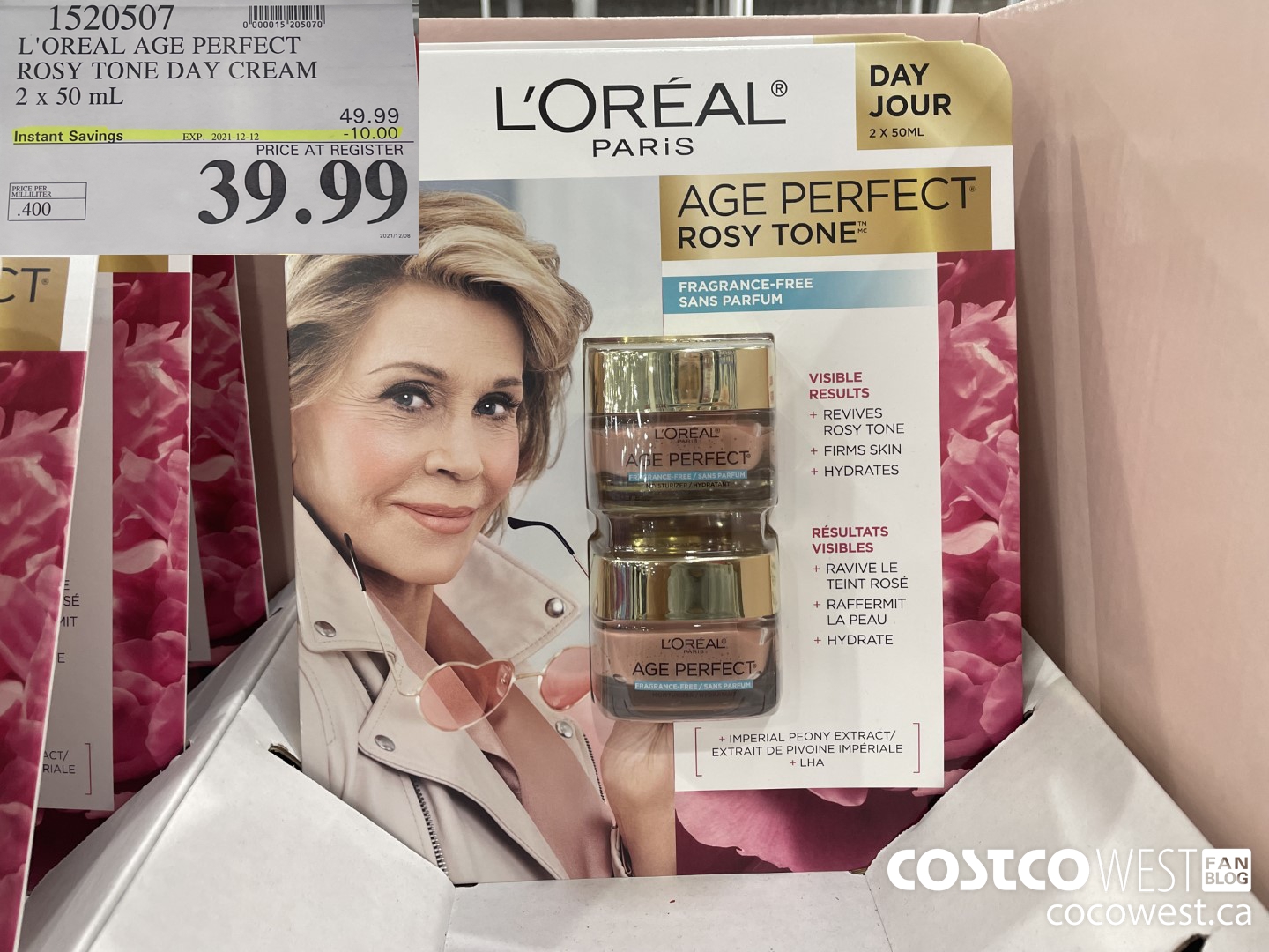1520507 L'OREAL AGE PERFECT ROSY TONE DAY CREAM 2 x 50 mL ($10.00 INSTANT SAVINGS EXPIRES ON 2021-12-12) $39.99