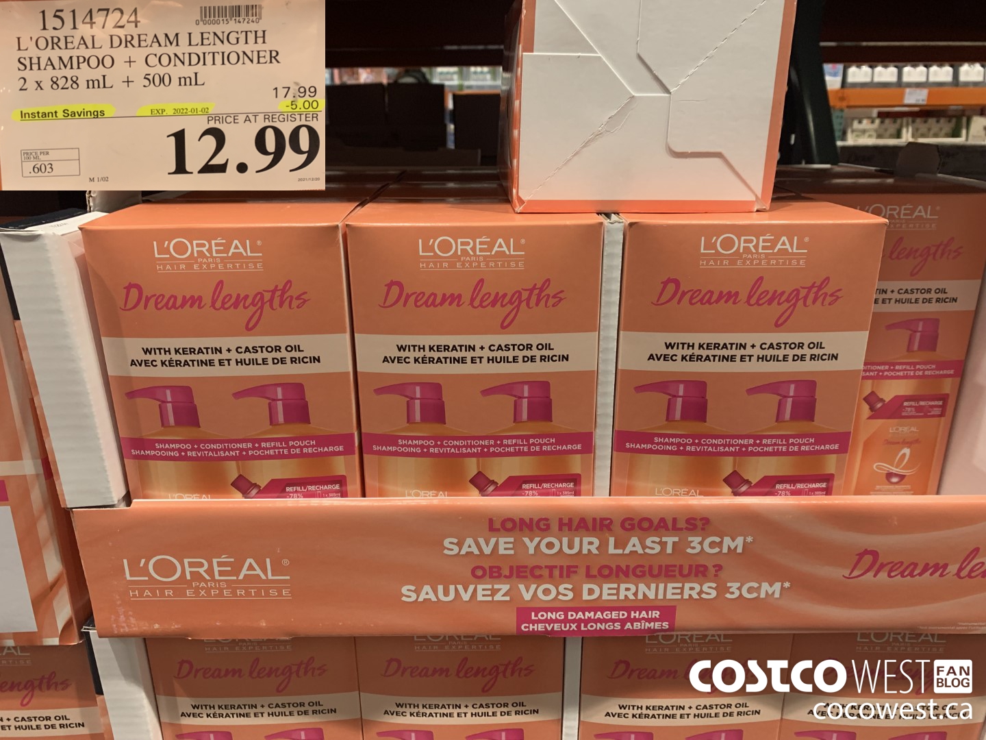1514724 L'OREAL DREAM LENGTH SHAMPOO + CONDITIONER 2 x 828 mL + 500 mL ($5.00 INSTANT SAVINGS EXPIRES ON 2022-01-02) $12.99