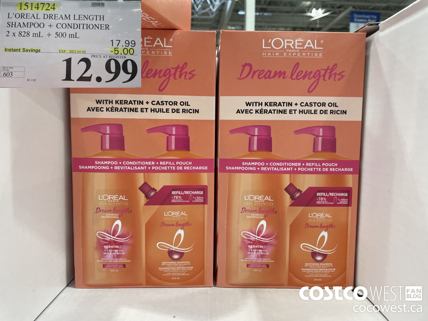 1514724 L'OREAL DREAM LENGTH SHAMPOO + CONDITIONER 2 x 828 mL + 500 mL ($5.00 INSTANT SAVINGS EXPIRES ON 2022-01-02) $12.99