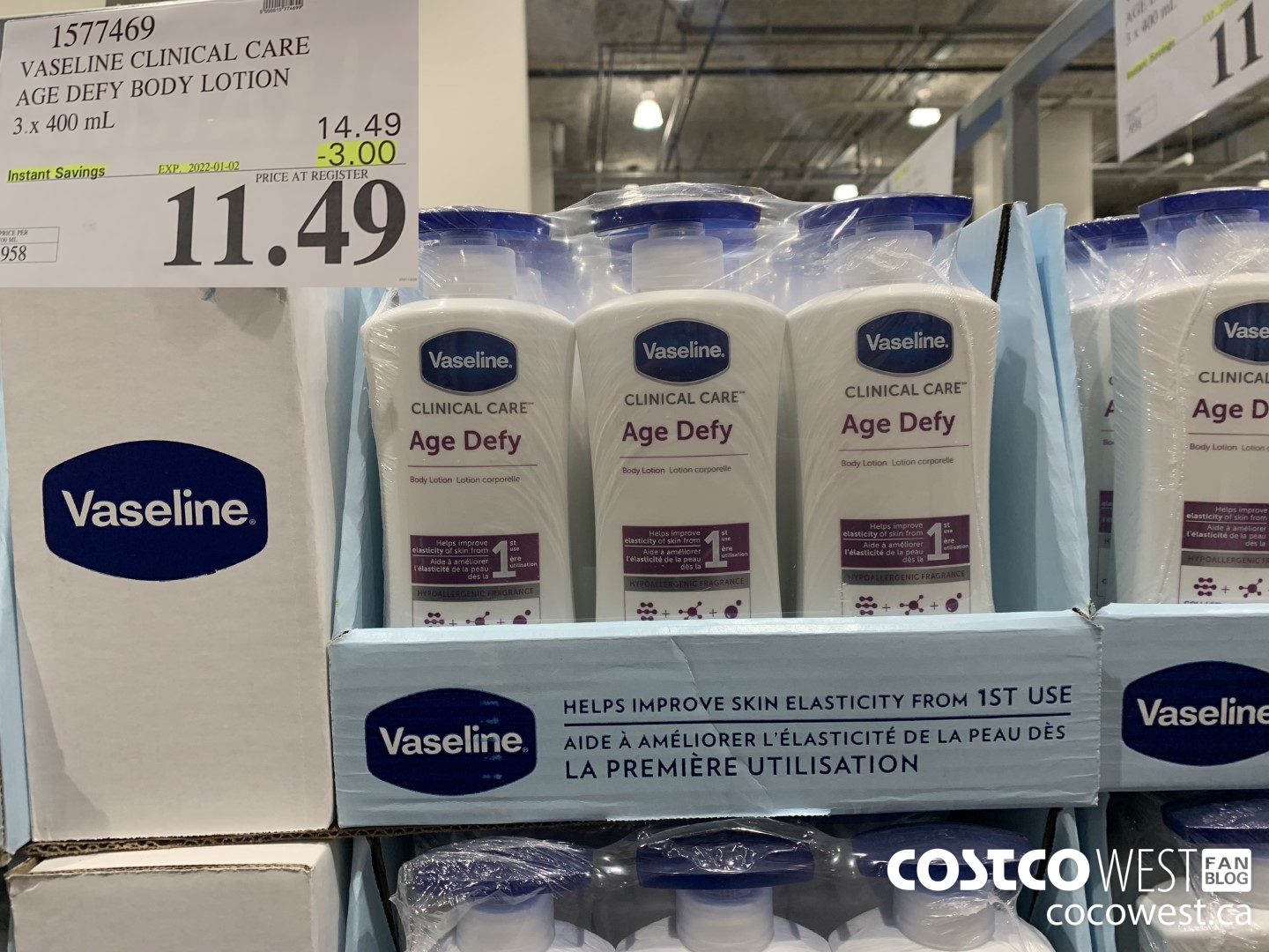 1577469 VASELINE CLINICAL CARE AGE DEFY BODY LOTION 3 x 400 mL ($3.00 INSTANT SAVINGS EXPIRES ON 2022-01-02) $11.49