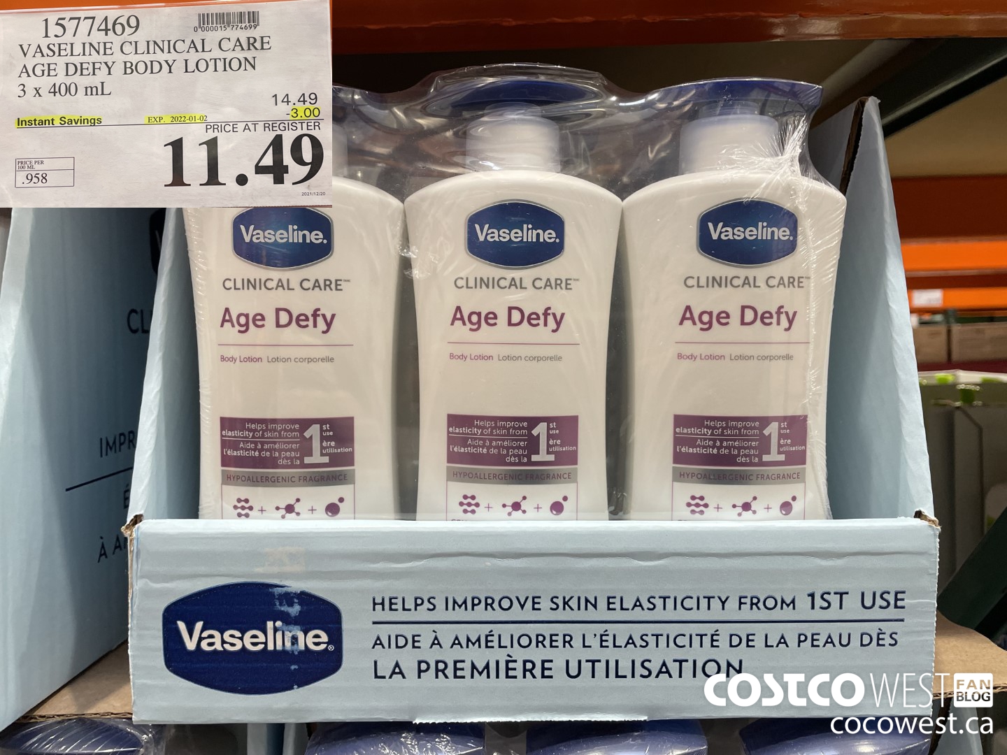 1577469 VASELINE CLINICAL CARE AGE DEFY BODY LOTION 3 x 400 mL ($3.00 INSTANT SAVINGS EXPIRES ON 2022-01-02) $11.49
