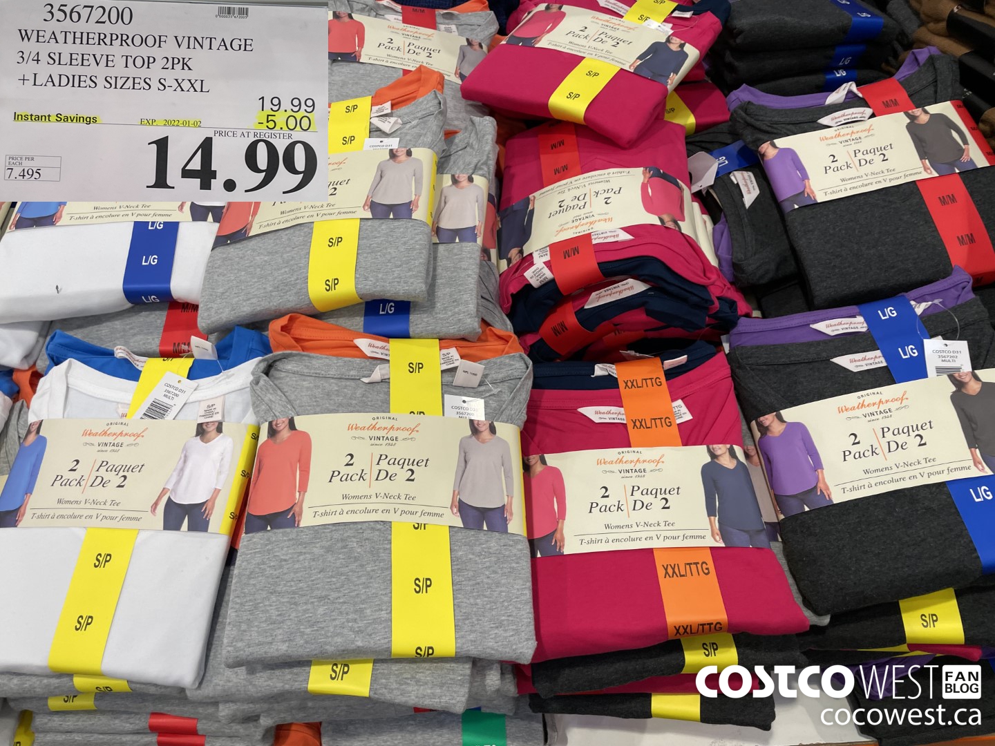 3567200 WEATHERPROOF VINTAGE 3/4 SLEEVE TOP 2PK LADIES SIZES S-XXL ($5.00 INSTANT SAVINGS EXPIRES ON 2022-01-02) $14.99