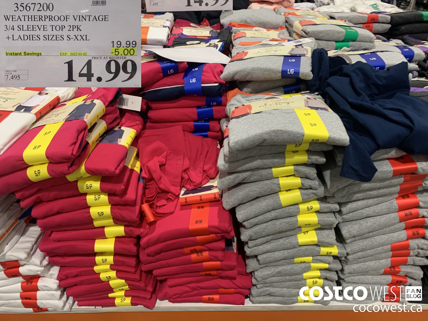 3567200 WEATHERPROOF VINTAGE 3/4 SLEEVE TOP 2PK LADIES SIZES S-XXL ($5.00 INSTANT SAVINGS EXPIRES ON 2022-01-02) $14.99