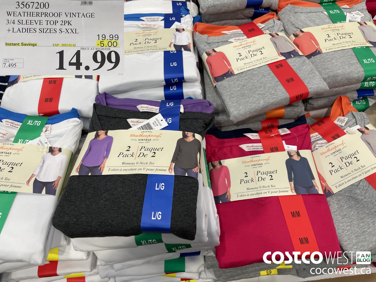 3567200 WEATHERPROOF VINTAGE 3/4 SLEEVE TOP 2PK LADIES SIZES S-XXL  ($5.00 INSTANT SAVINGS EXPIRES ON 2022-01-02) $14.99