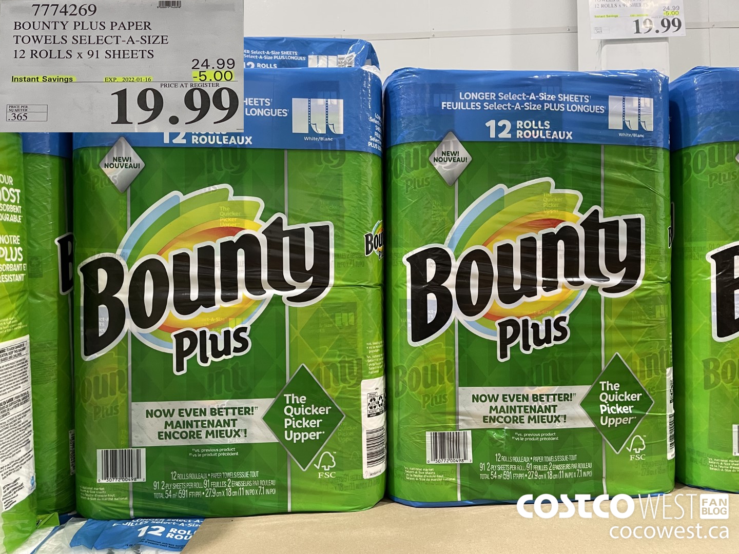 7774269 BOUNTY PLUS PAPER TOWELS SELECT-A-SIZE 12 ROLLS x 91 SHEETS ($5.00 INSTANT SAVINGS EXPIRES ON 2022-01-16) $19.99