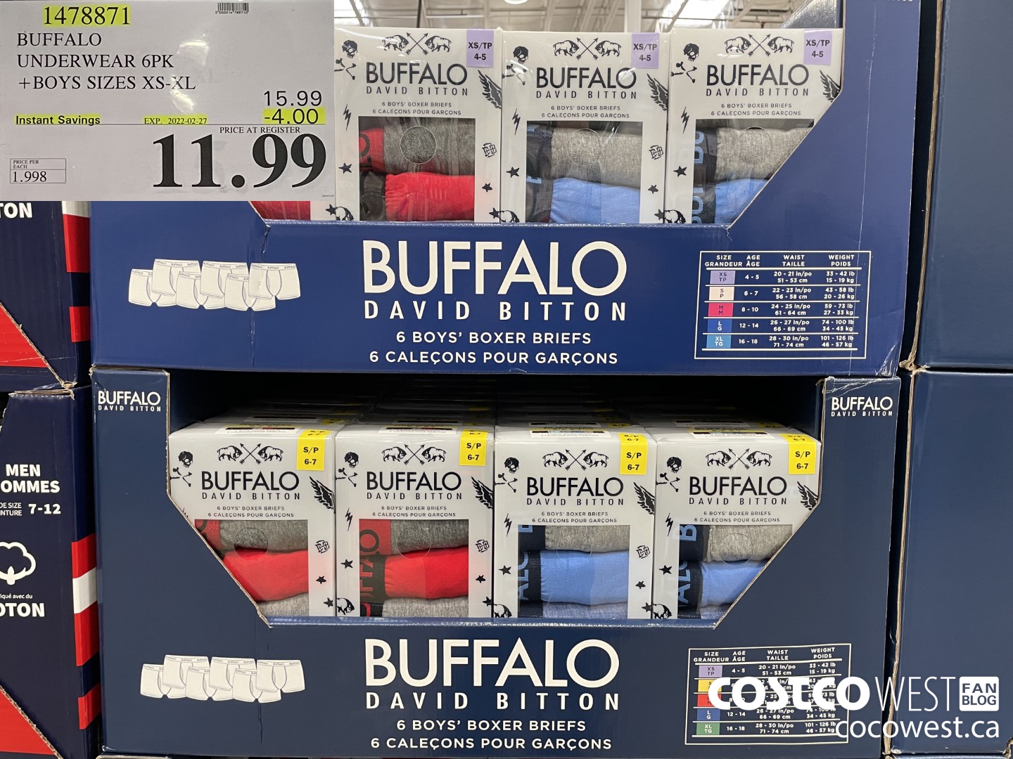 1478871 BUFFALO UNDERWEAR 6PK BOYS SIZES XS-XL ($4.00 INSTANT SAVINGS EXPIRES ON 2022-02-27) $11.99