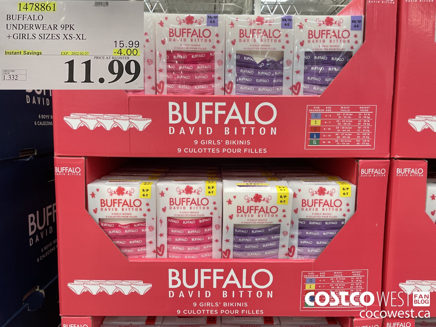 1478861 BUFFALO UNDERWEAR 9PK GIRLS SIZES XS-XL  ($4.00 INSTANT SAVINGS EXPIRES ON 2022-02-27) $11.99