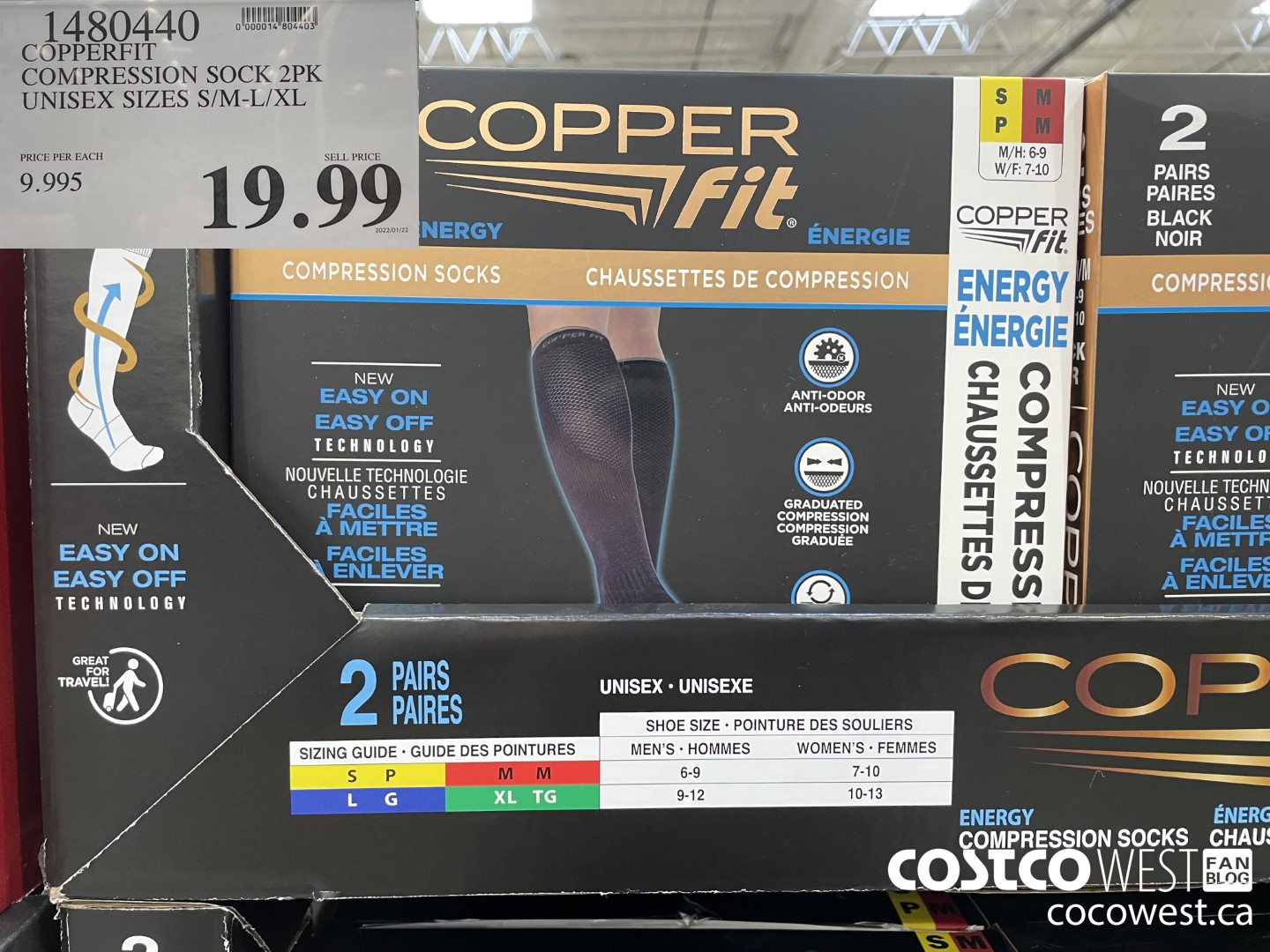 1480440 COPPERFIT COMPRESSION SOCK 2PK UNISEX SIZES S/M-L/XL $19.99