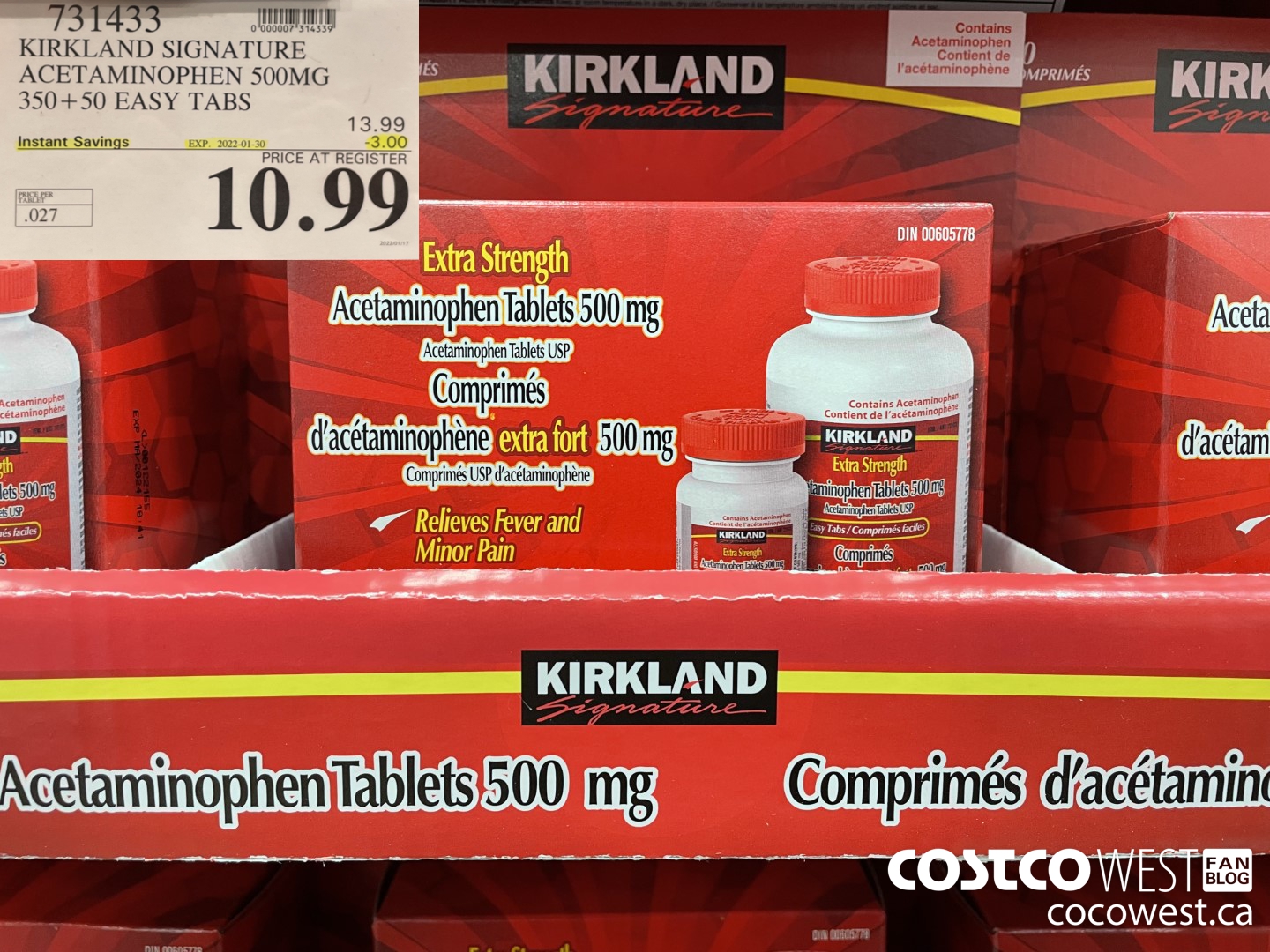 731433 KIRKLAND SIGNATURE ACETAMINOPHEN 500MG 350 + 50 EASY TABLETS ($3.00 INSTANT SAVINGS EXPIRES ON 2022-01-30) $10.99