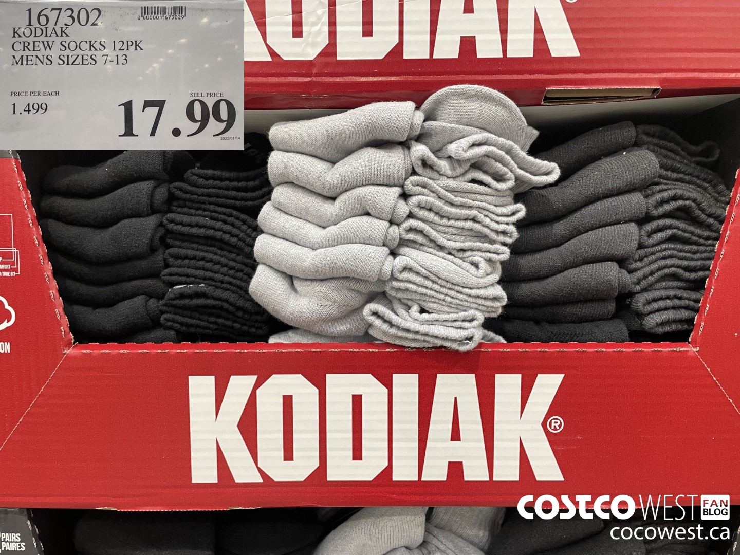 167302 KODIAK CREW SOCKS 12PK MENS SIZES 7-13 $17.99