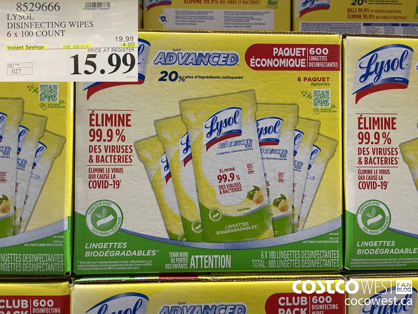 8529666 LYSOL DISINFECTING WIPES 6 x 100 COUNT ($4.00 INSTANT SAVINGS EXPIRES ON 2022-01-30) $15.99